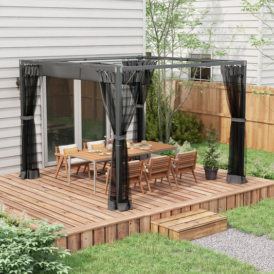 3 x 3 m Pergola with Retractable Roof Canopy and Netting Sidewalls, Aluminium Frame Garden Gazebo Outdoor Sun Shade Shelter for Grill, Patio, Deck, Dark Grey