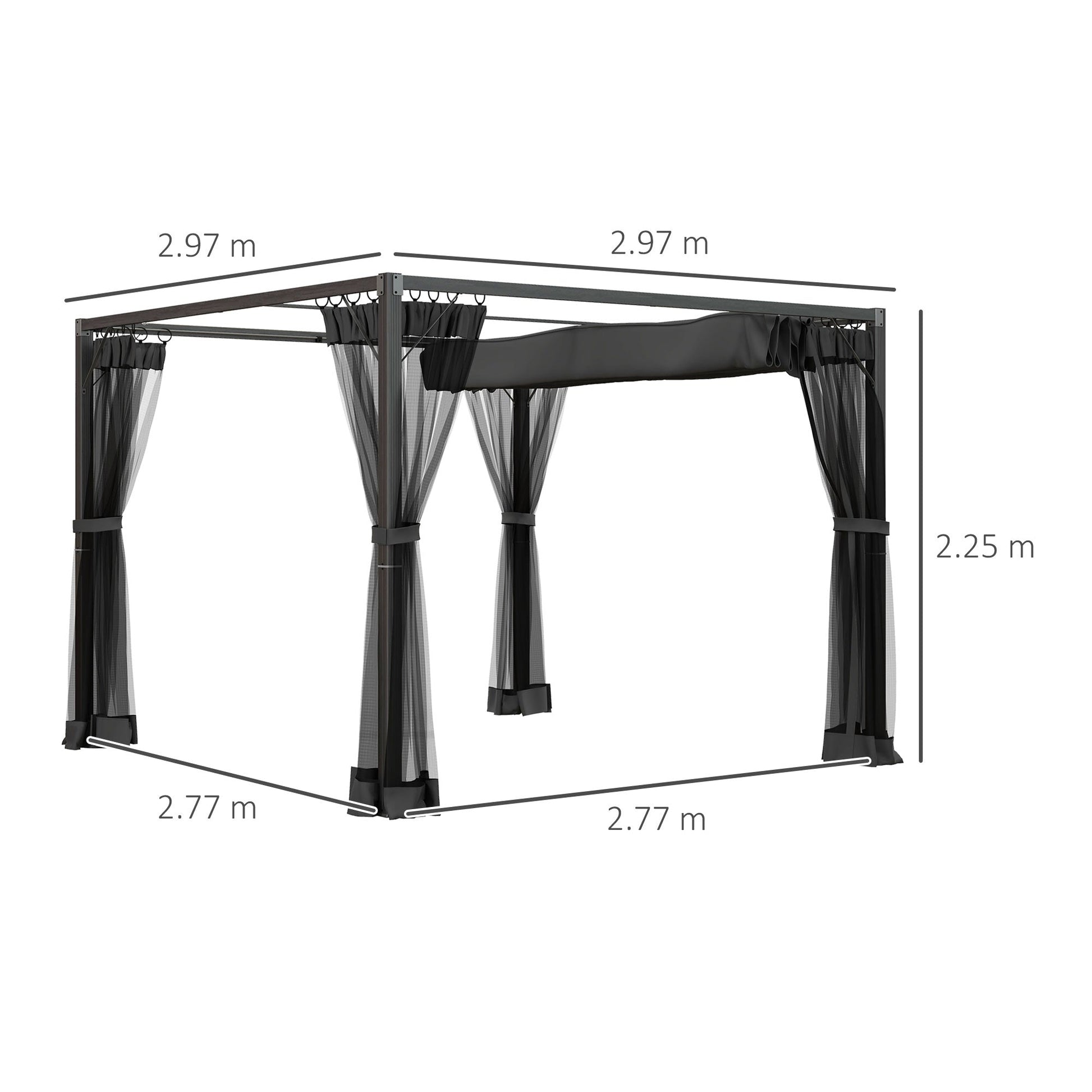 3 x 3 m Pergola with Retractable Roof Canopy and Netting Sidewalls, Aluminium Frame Garden Gazebo Outdoor Sun Shade Shelter for Grill, Patio, Deck, Dark Grey