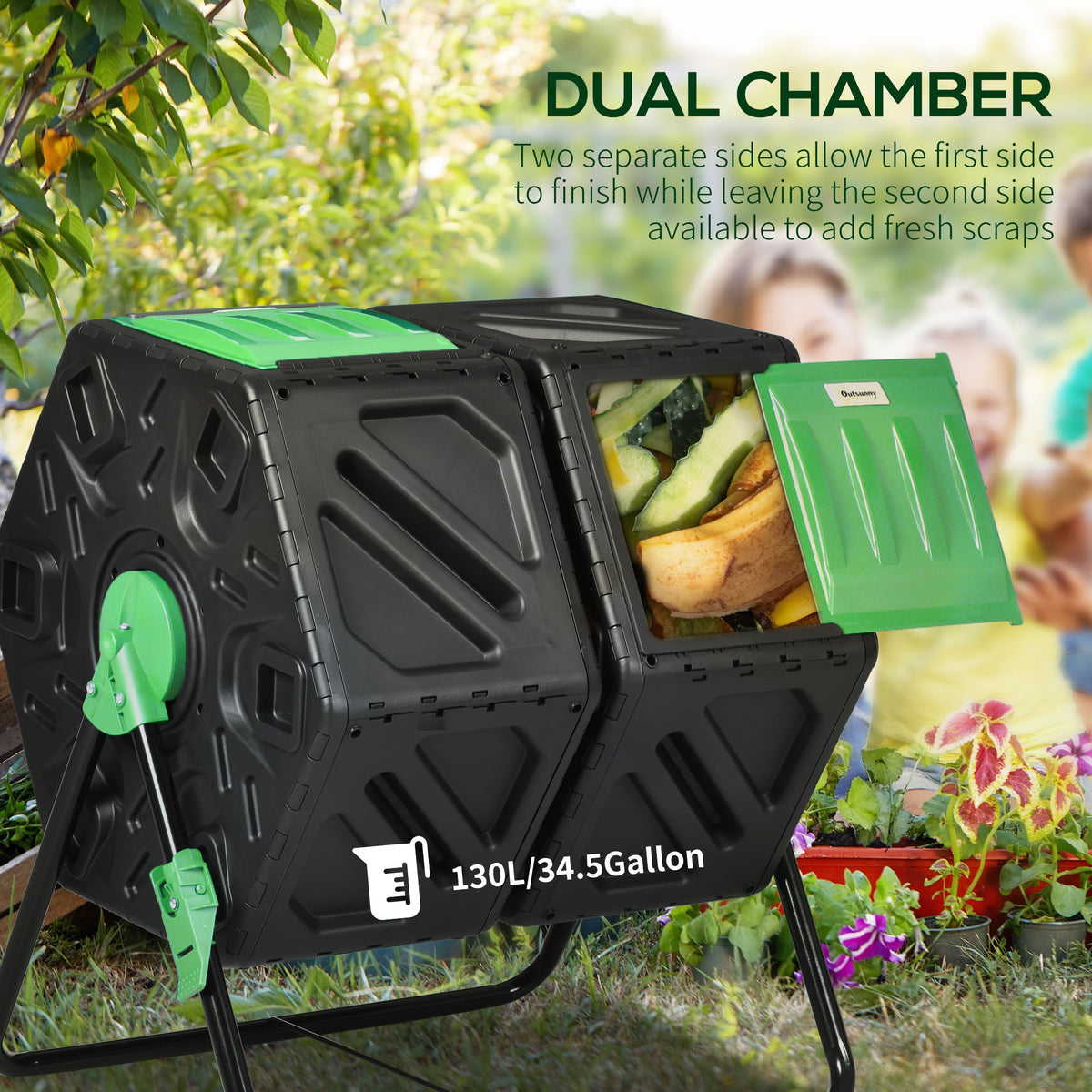 Dual Chamber Garden Compost Bin, 130L Rotating Composter, Compost Maker with Ventilation Openings and Steel Legs, Green and Black