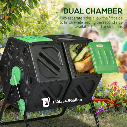 Dual Chamber Garden Compost Bin, 130L Rotating Composter, Compost Maker with Ventilation Openings and Steel Legs, Green and Black