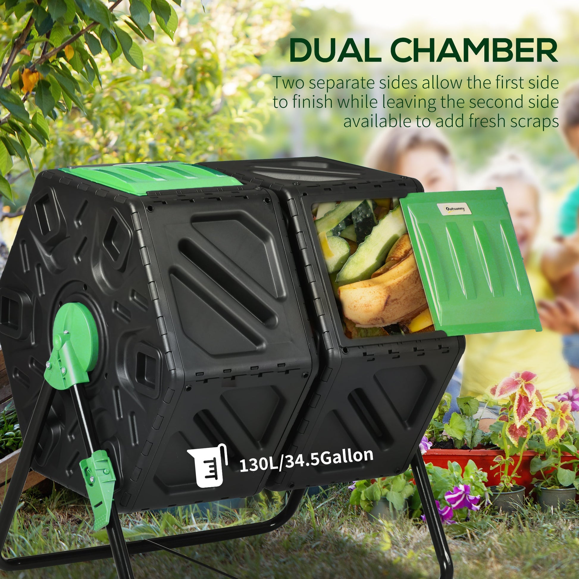Dual Chamber Garden Compost Bin, 130L Rotating Composter, Compost Maker with Ventilation Openings and Steel Legs, Green and Black