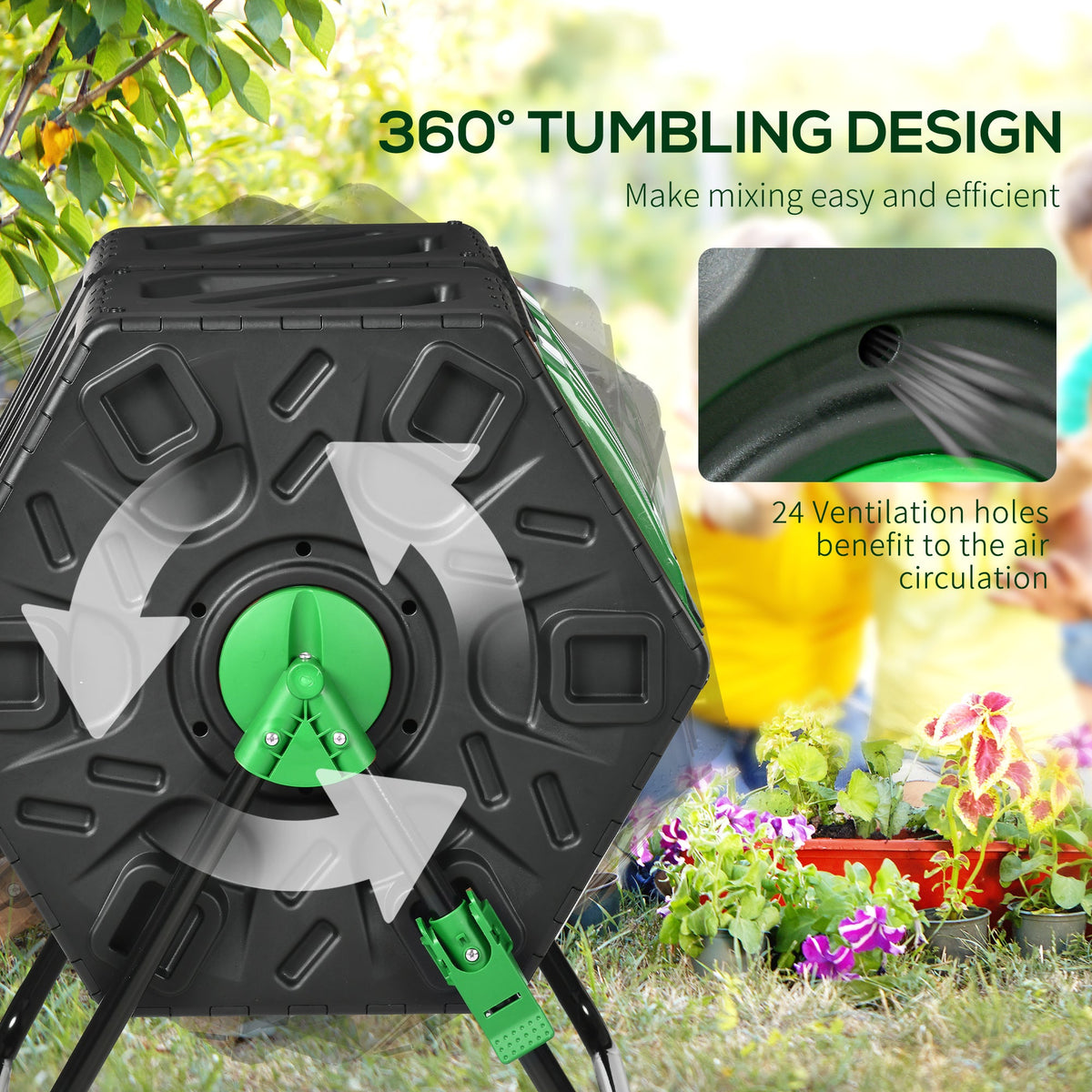 Dual Chamber Garden Compost Bin, 130L Rotating Composter, Compost Maker with Ventilation Openings and Steel Legs, Green and Black