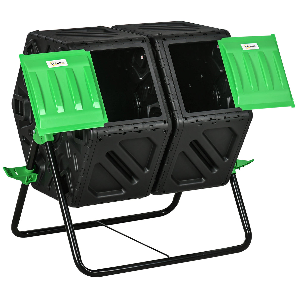 Dual Chamber Garden Compost Bin, 130L Rotating Composter, Compost Maker with Ventilation Openings and Steel Legs, Green and Black