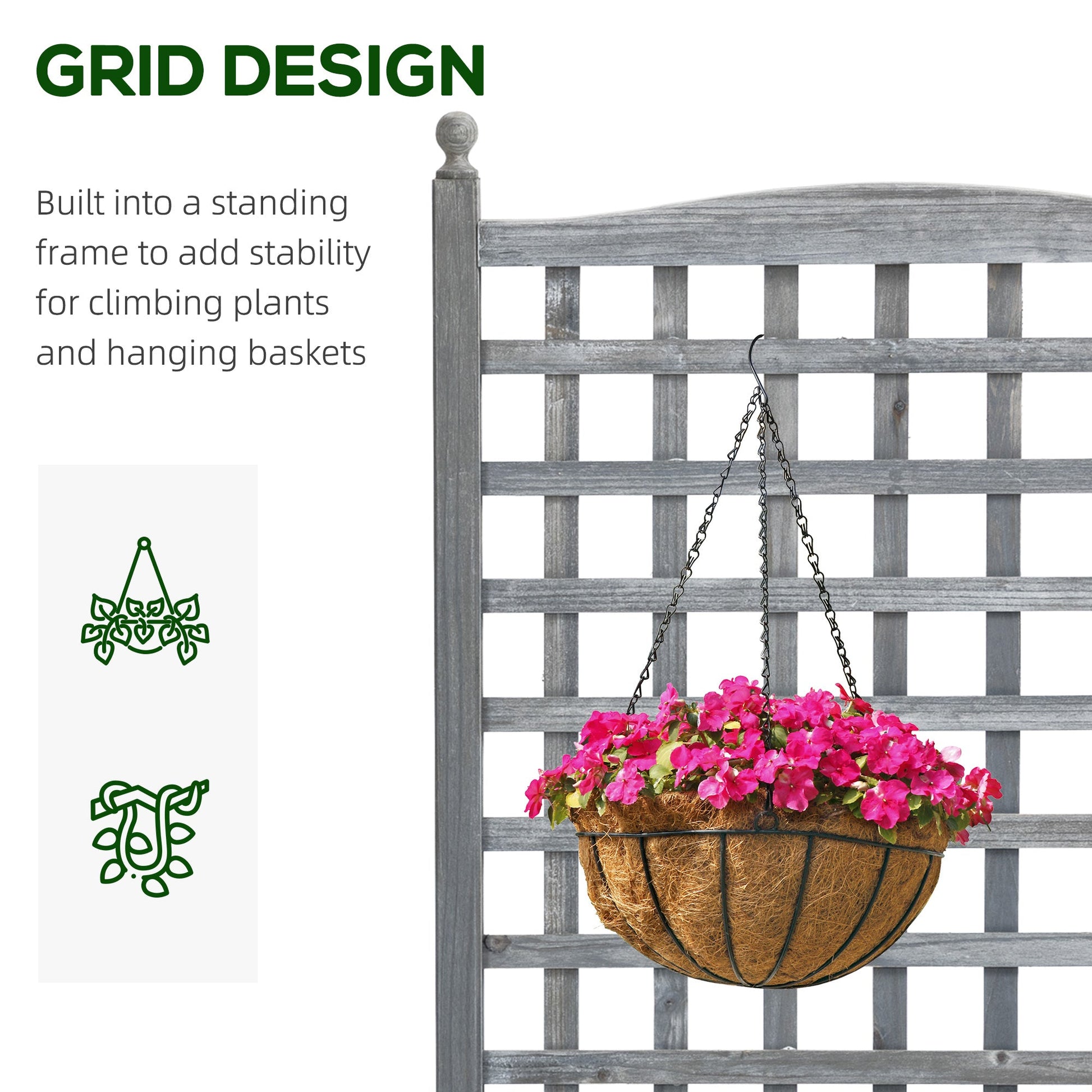 Garden Planters with Trellis for Climbing Vines, Wooden Raised Beds for Garden, Free Standing Flower Pot, Indoor Outdoor Display Rack, 64 x 28 x 120 cm, Grey