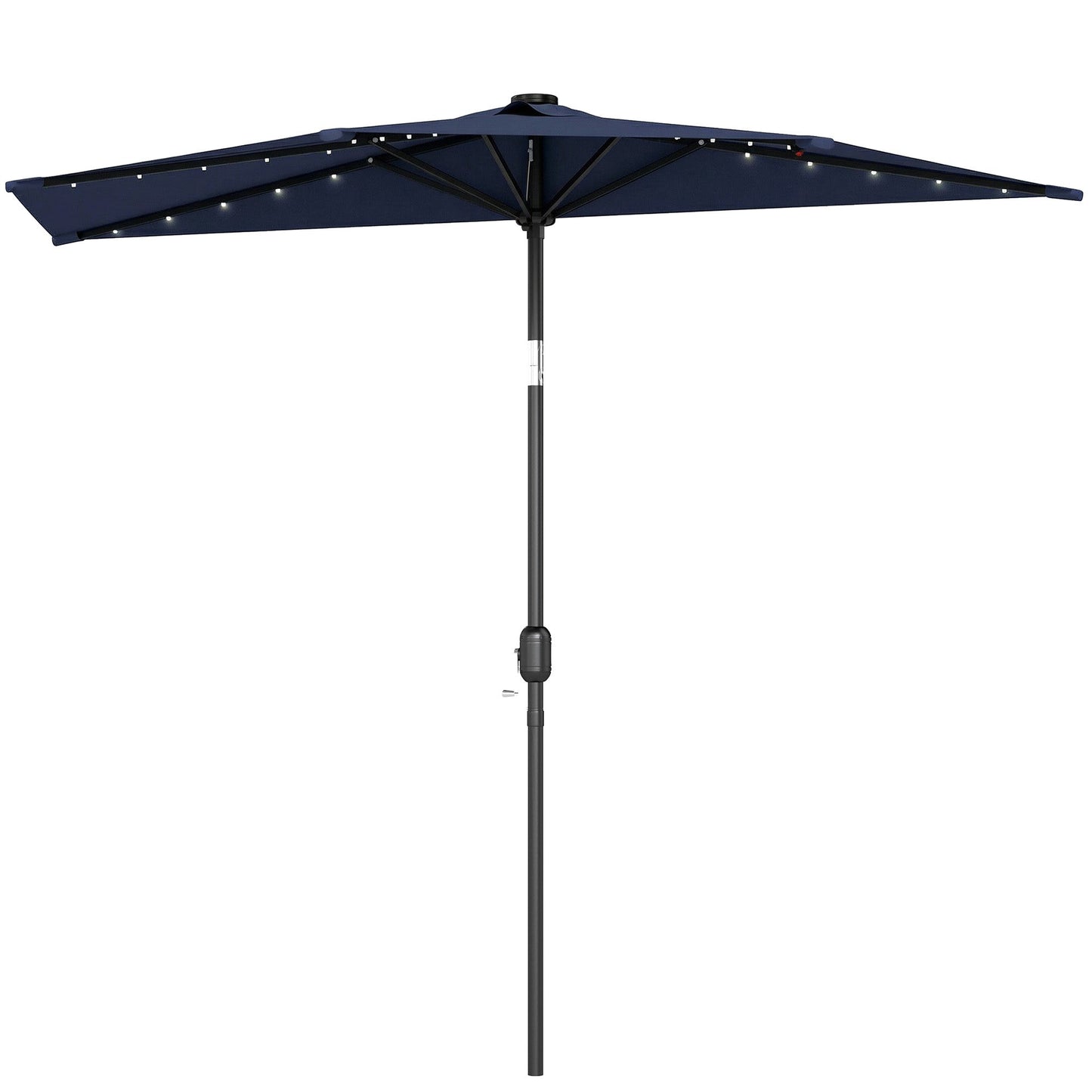 2.6 m Half Garden Parasol with Solar LED Lights, UPF50+ Semi Round Umbrella with 30° Tilt, Crank Handle, Metal Frame for Balcony, Dark Blue