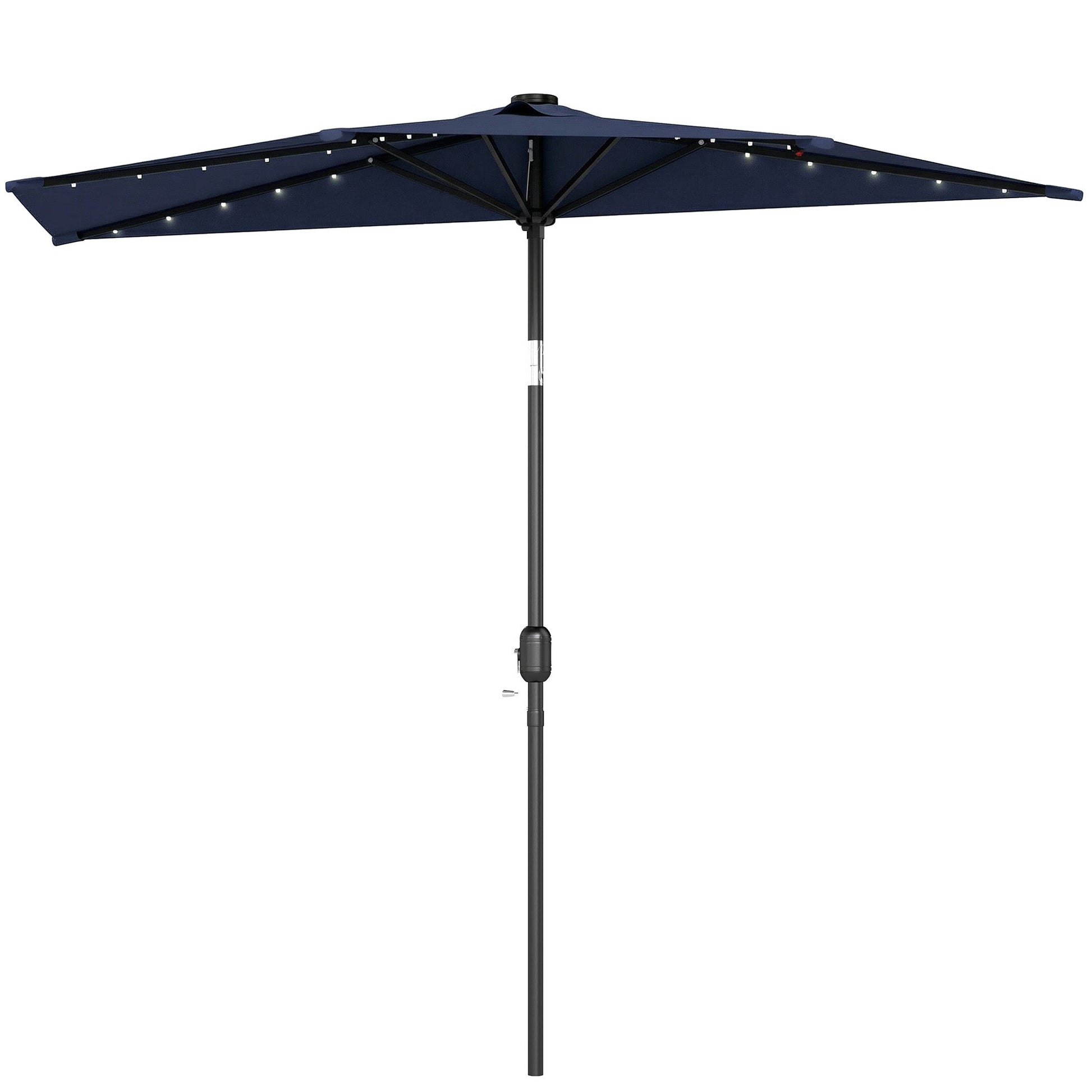 2.6 m Half Garden Parasol with Solar LED Lights, UPF50+ Semi Round Umbrella with 30° Tilt, Crank Handle, Metal Frame for Balcony, Dark Blue