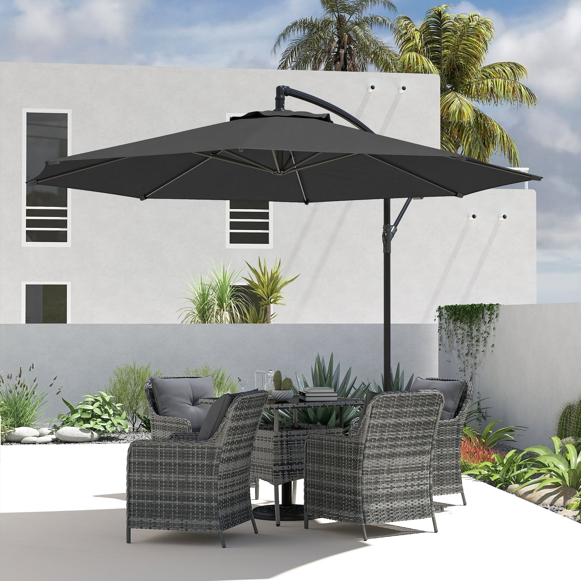 3(m) Garden Banana Parasol Hanging Cantilever Umbrella with Crank Handle, 8 Ribs and Cross Base for Outdoor, Sun Shade, Black
