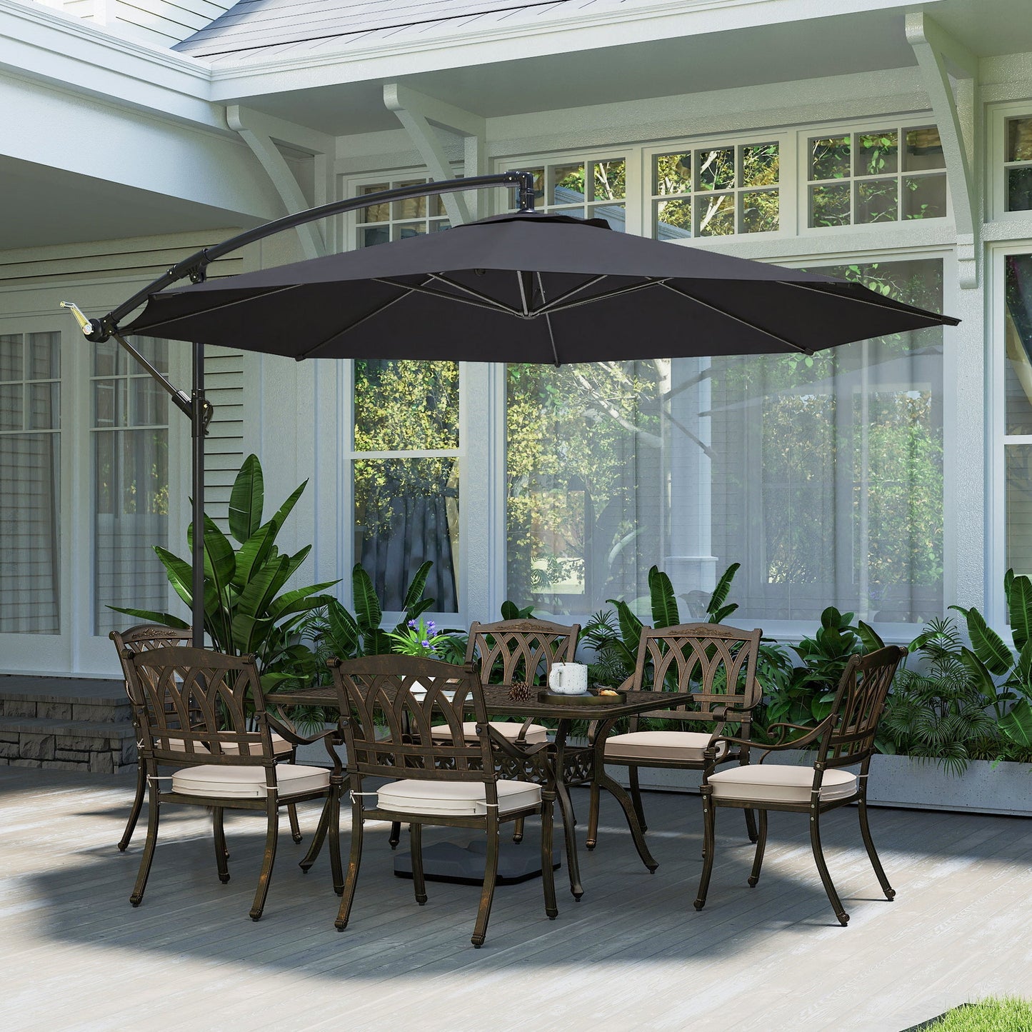 3(m) Garden Banana Parasol Hanging Cantilever Umbrella with Crank Handle, 8 Ribs and Cross Base for Outdoor, Sun Shade, Black