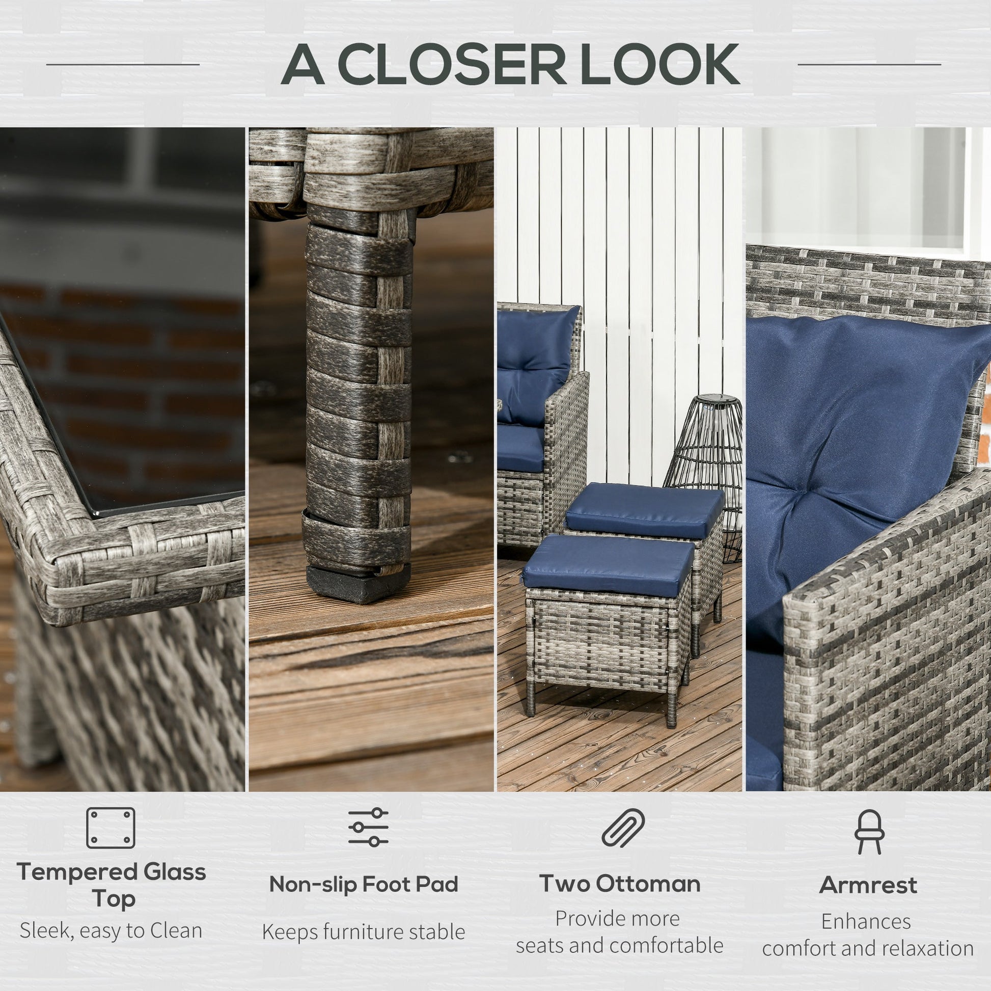 6 Pieces Rattan Garden Furniture Set, 8-Seater Garden Corner Sofa Set with 3 Loveseats, Glass Top Table, Footstools, Outdoor Conservatory Furniture with Cushions for Patio, Dark Blue