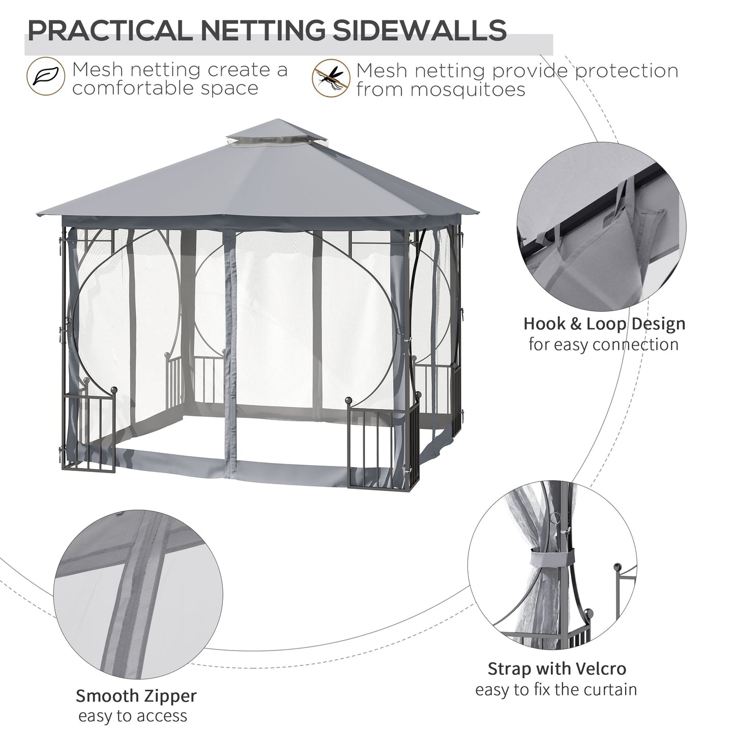 3 x 3m Garden Gazebo Patio Party Tent Shelter Outdoor Canopy Double Tier Sun Shade with Metal Frame and Netting, Light Grey