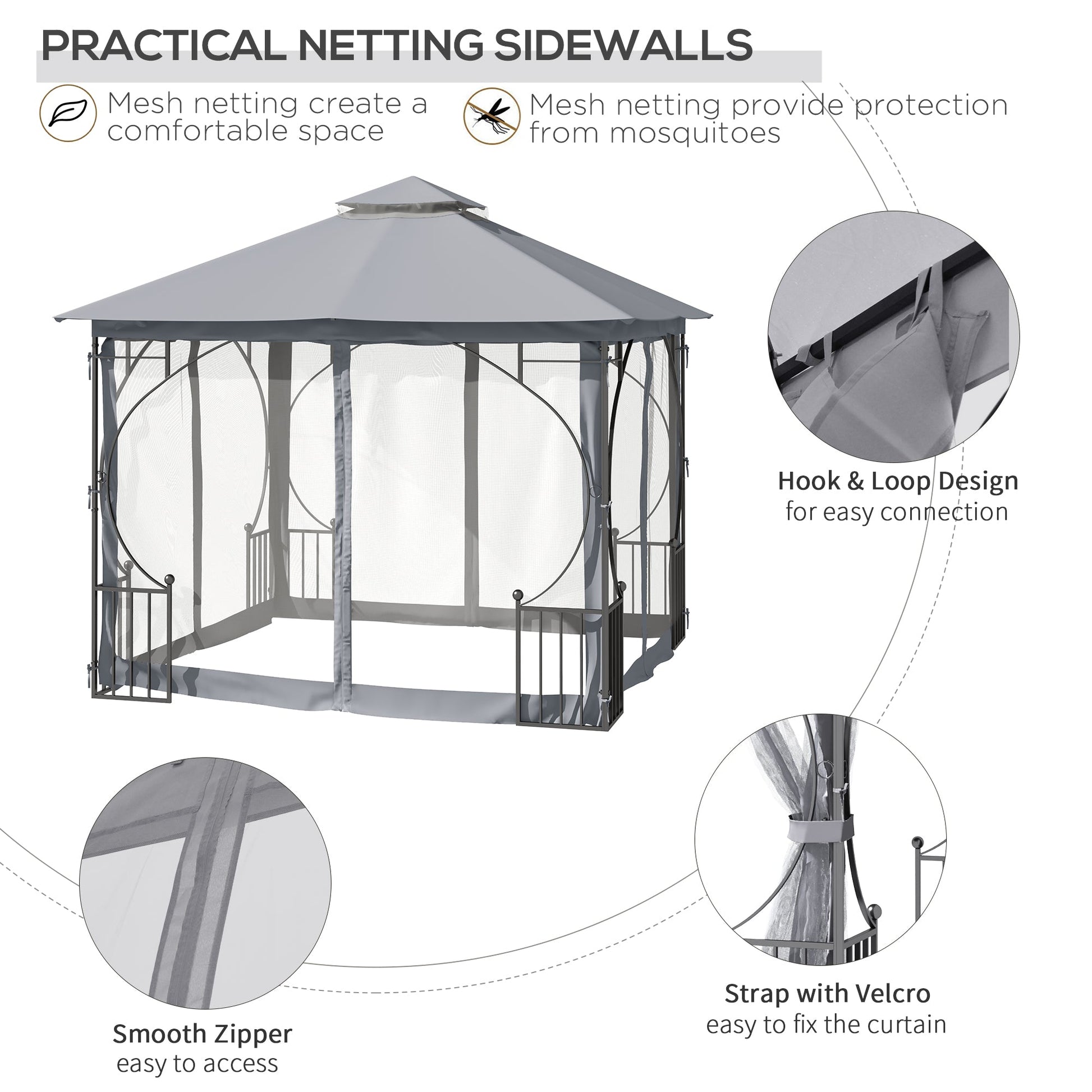 3 x 3m Garden Gazebo Patio Party Tent Shelter Outdoor Canopy Double Tier Sun Shade with Metal Frame and Netting, Light Grey