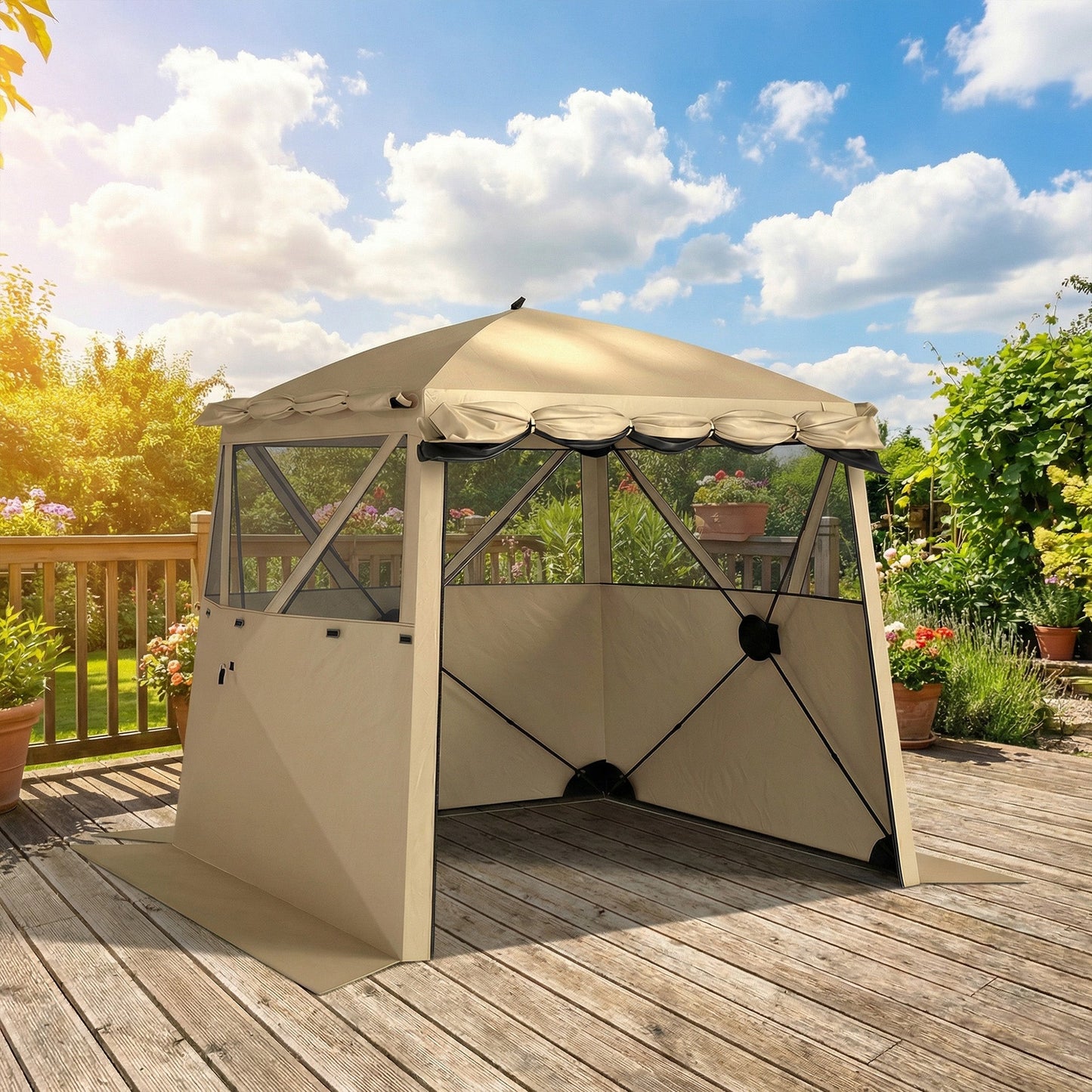 2 x 2 m Pop Up Gazebo with Awning, Waterproof Instant Shelter for Garden BBQ, Fishing, Camping, Easy Setup Garden Gazebo with Sides, Mesh Windows & Carry Bag, Khaki