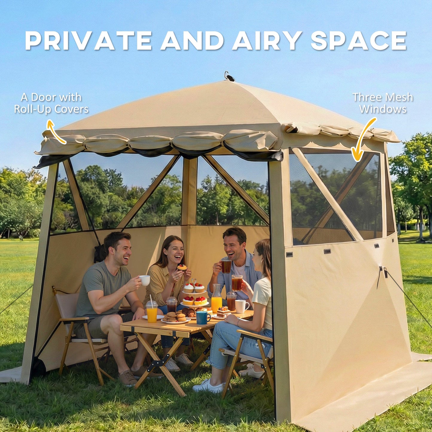 2 x 2 m Pop Up Gazebo with Awning, Waterproof Instant Shelter for Garden BBQ, Fishing, Camping, Easy Setup Garden Gazebo with Sides, Mesh Windows & Carry Bag, Khaki
