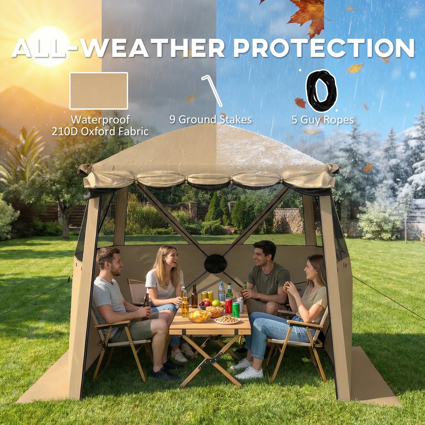 2 x 2 m Pop Up Gazebo with Awning, Waterproof Instant Shelter for Garden BBQ, Fishing, Camping, Easy Setup Garden Gazebo with Sides, Mesh Windows & Carry Bag, Khaki