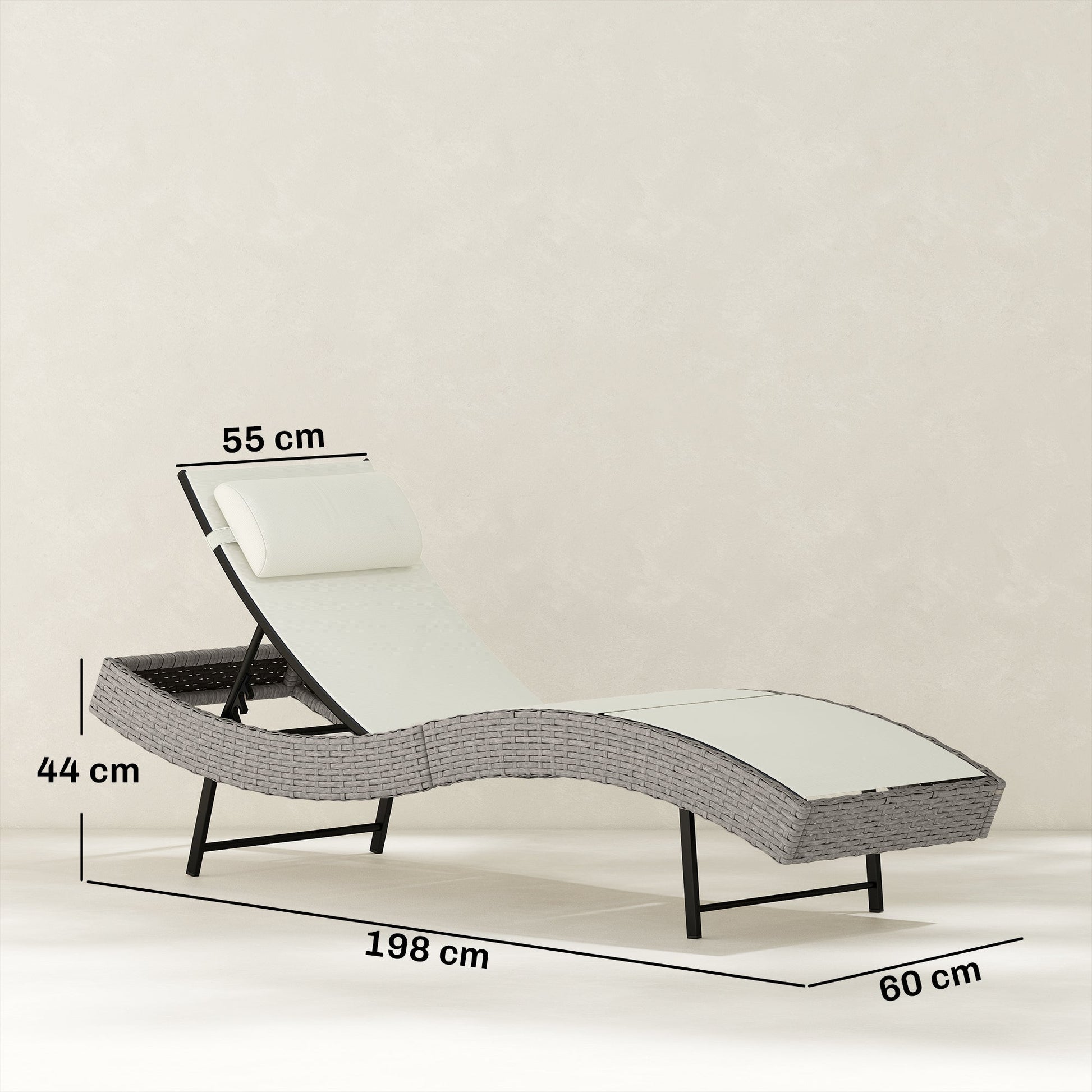 Rattan Sun Lounger, 5 Position Adjustable Garden Lounger Recliner with S Shaped Texteline Seat and Headrest, Reclining Outdoor Sunbed with Metal Frame for Patio, Terrace, Cream White