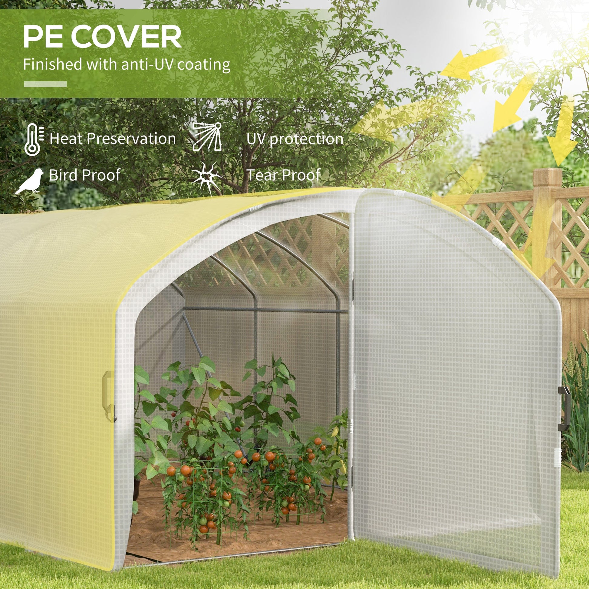 4 x 3 x 2m Polytunnel Greenhouse with Hinged Door, Walk-in Grow House Tent with UV-resistant PE Cover, Galvanised Steel Frame, Clamps, White