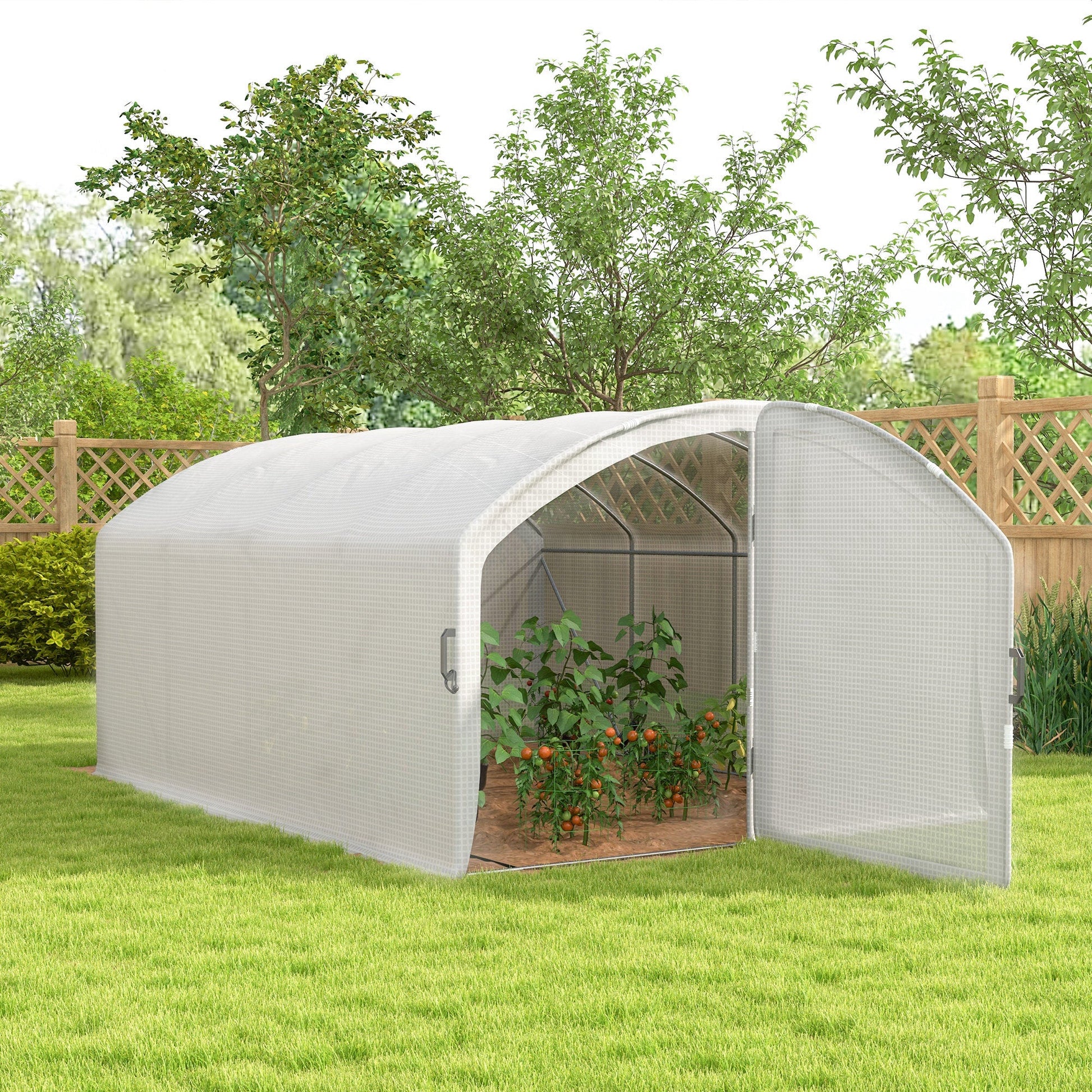 4 x 3 x 2m Polytunnel Greenhouse with Hinged Door, Walk-in Grow House Tent with UV-resistant PE Cover, Galvanised Steel Frame, Clamps, White
