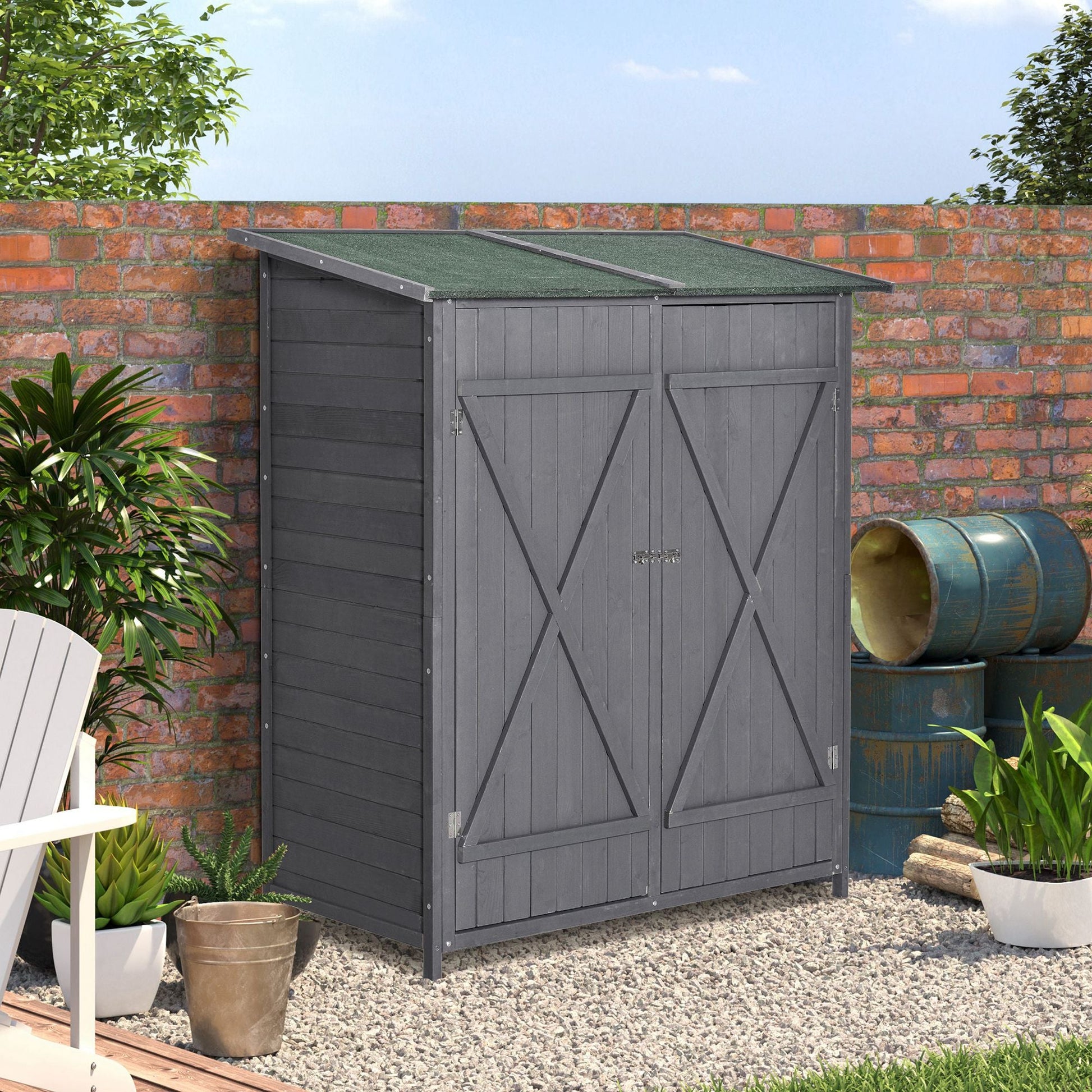 Small Shed, Wooden Garden Shed with Flexible Table, Hooks and Ground Nails, Lockable Tool Shed with Asphalt Roof, 140 x 75 x 157cm, Grey