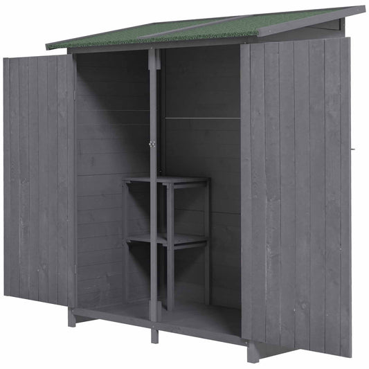 Small Shed, Wooden Garden Shed with Flexible Table, Hooks and Ground Nails, Lockable Tool Shed with Asphalt Roof, 140 x 75 x 157cm, Grey