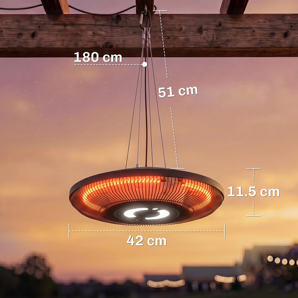 Hanging Electric Patio Heater with LED Light, 1000/2000 W IP65 Waterproof Ceiling Mounted Outdoor Infrared Heater with Touch/Remote Control, 24-Hour Timer, Black