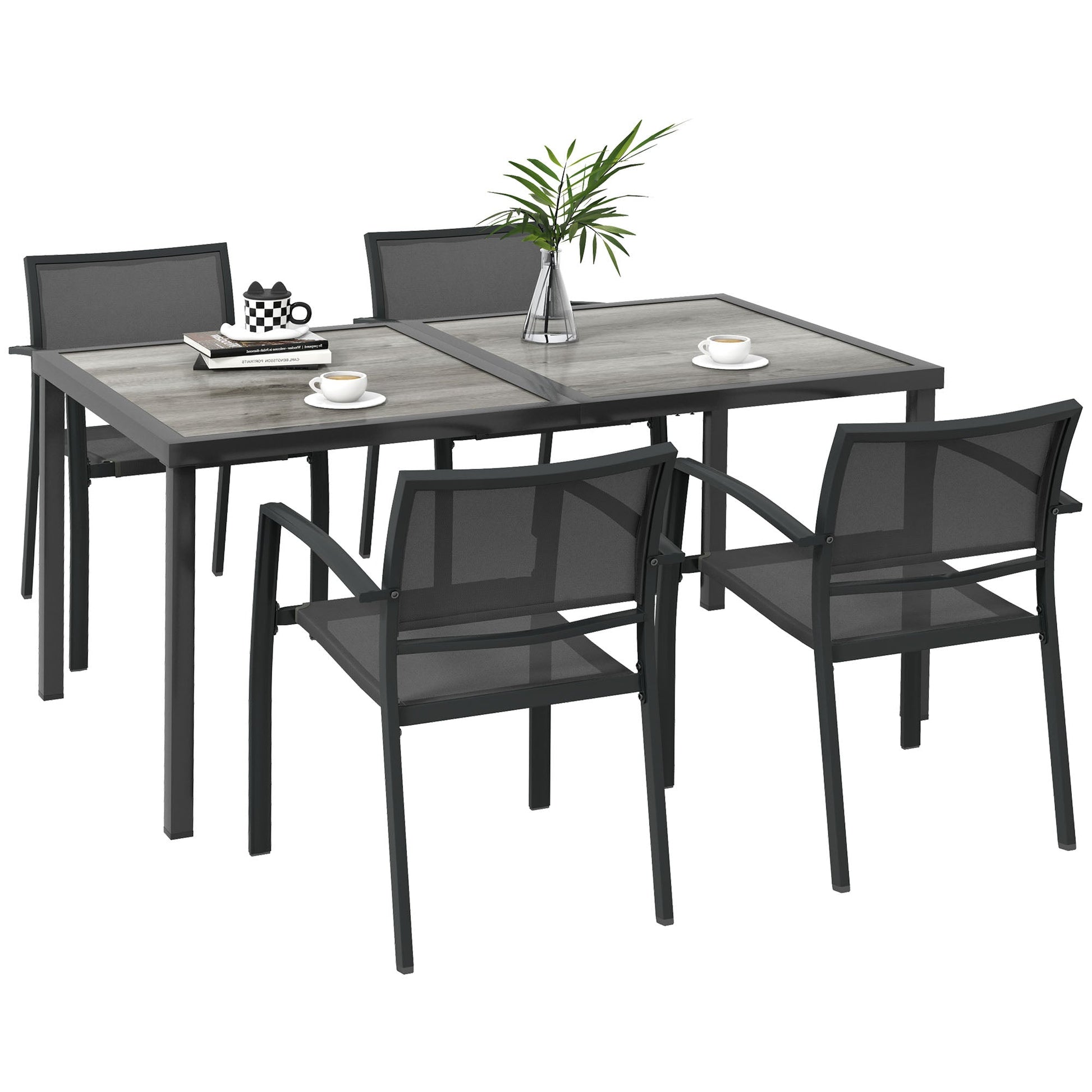 4 Seater Garden Dining Set, Stackable Armchairs and Wood-like Top Table, Space-Saving Outdoor Table and Chairs with Breathable Mesh Seat, Garden Furniture Set, Grey