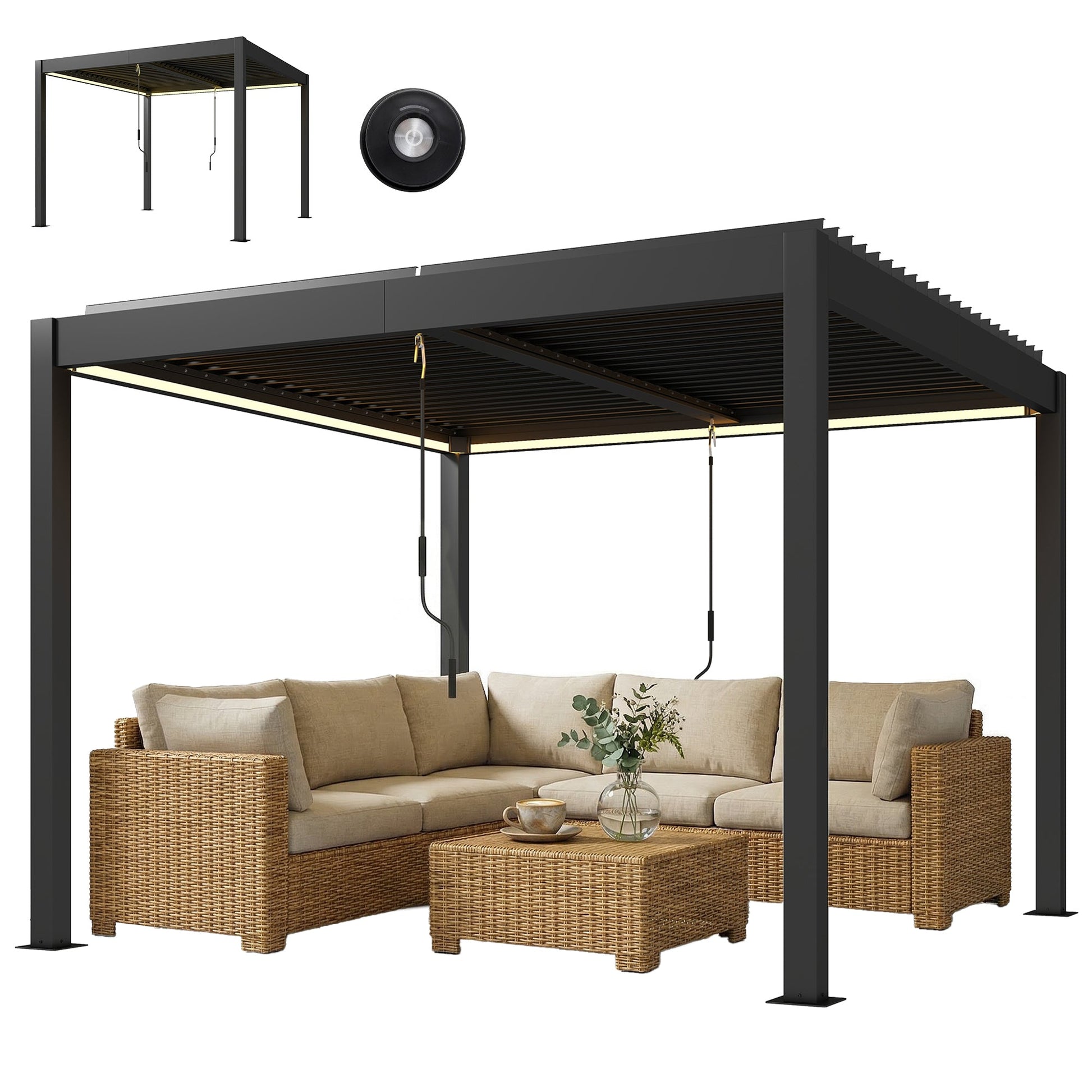 3 x 3 m Louvered Pergola with LED Lights, Adjustable Metal Louvred Roof, Aluminium Patio Gazebo Pergola Canopy with Drainage Gutters, Handles, Remote for Garden Outdoor, Dark Grey