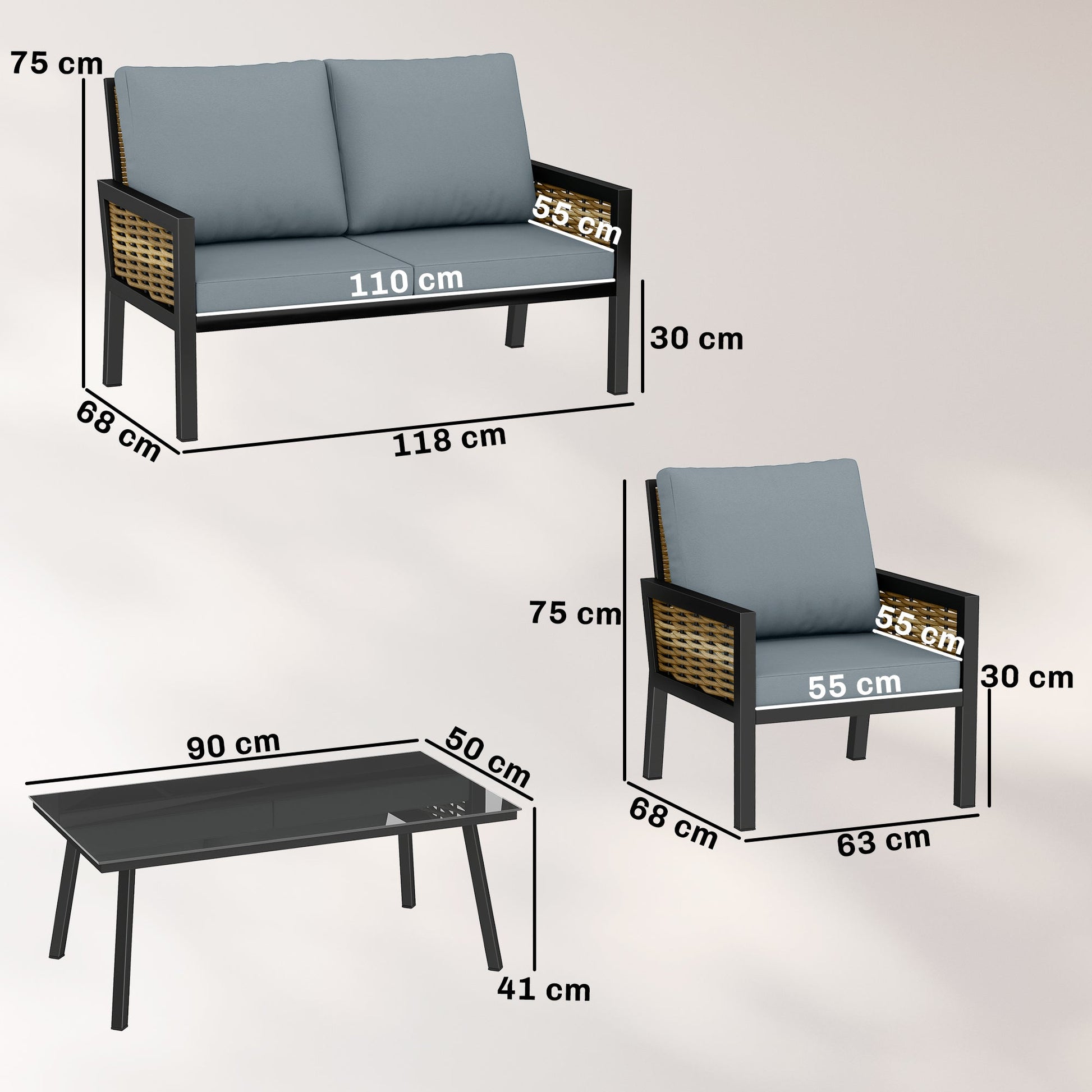 4 Seater Rattan Garden Furniture Set with 2 Armchairs, Loveseat, Coffee Table, Garden Sofa Set with Cushions, Outdoor Furniture Conversation Sets for Patio, Grey