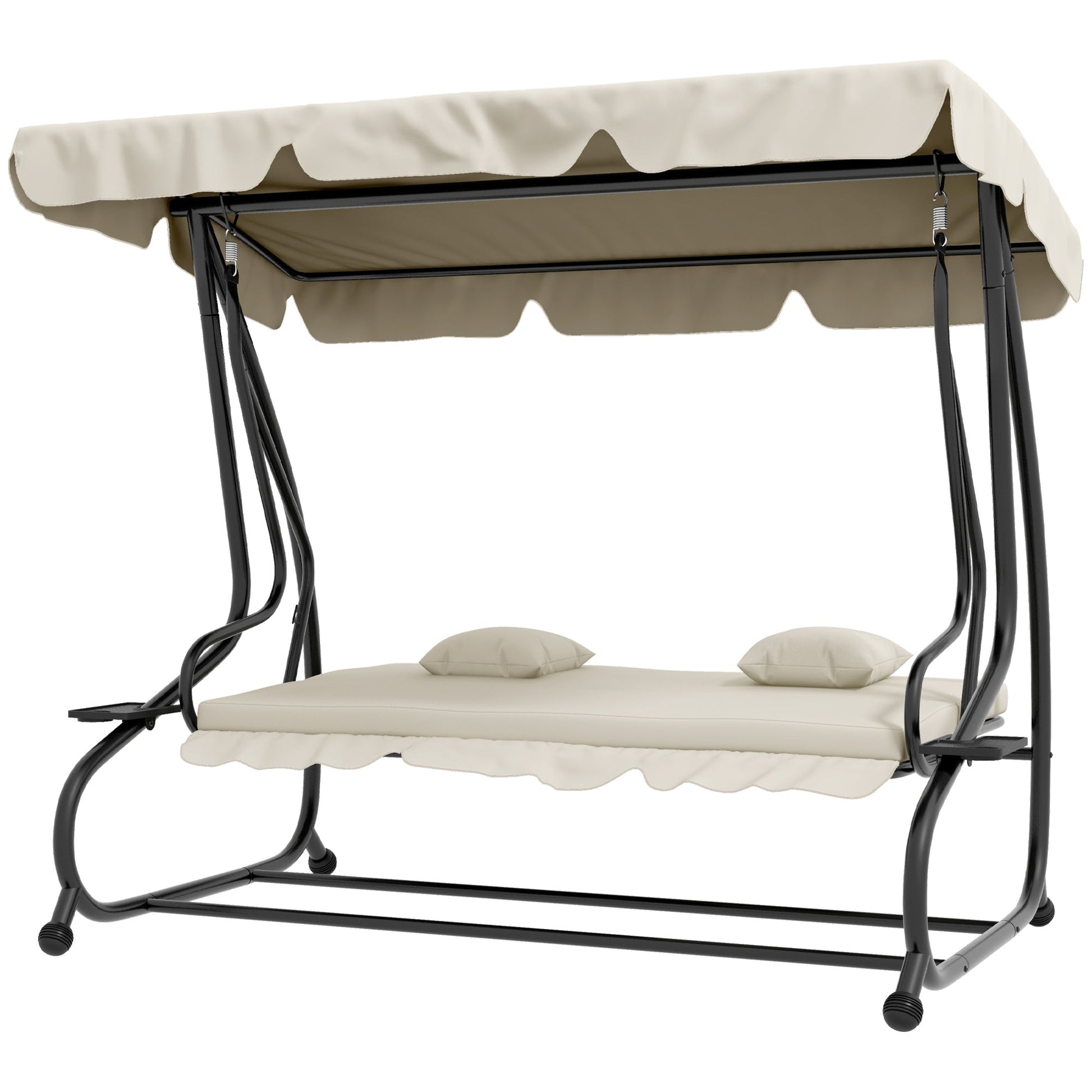 2-in-1 Garden Swing Seat Bed, 3 Seater Convertible Swing Chair Bench with Tilting Canopy, Cushioned Seat and 2 Pillows for Patio, Garden, Cream White