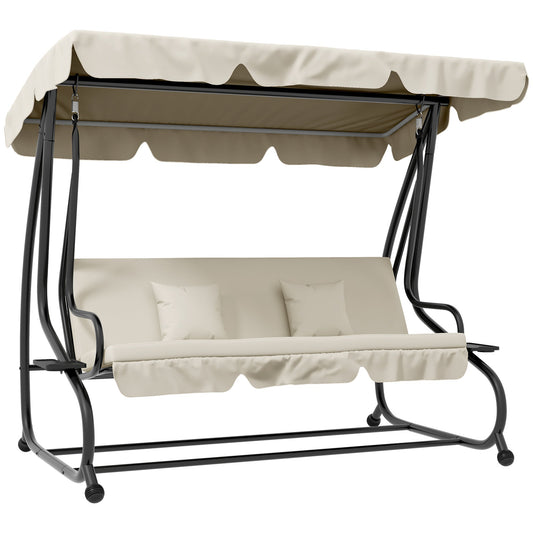 2-in-1 Garden Swing Seat Bed, 3 Seater Convertible Swing Chair Bench with Tilting Canopy, Cushioned Seat and 2 Pillows for Patio, Garden, Cream White