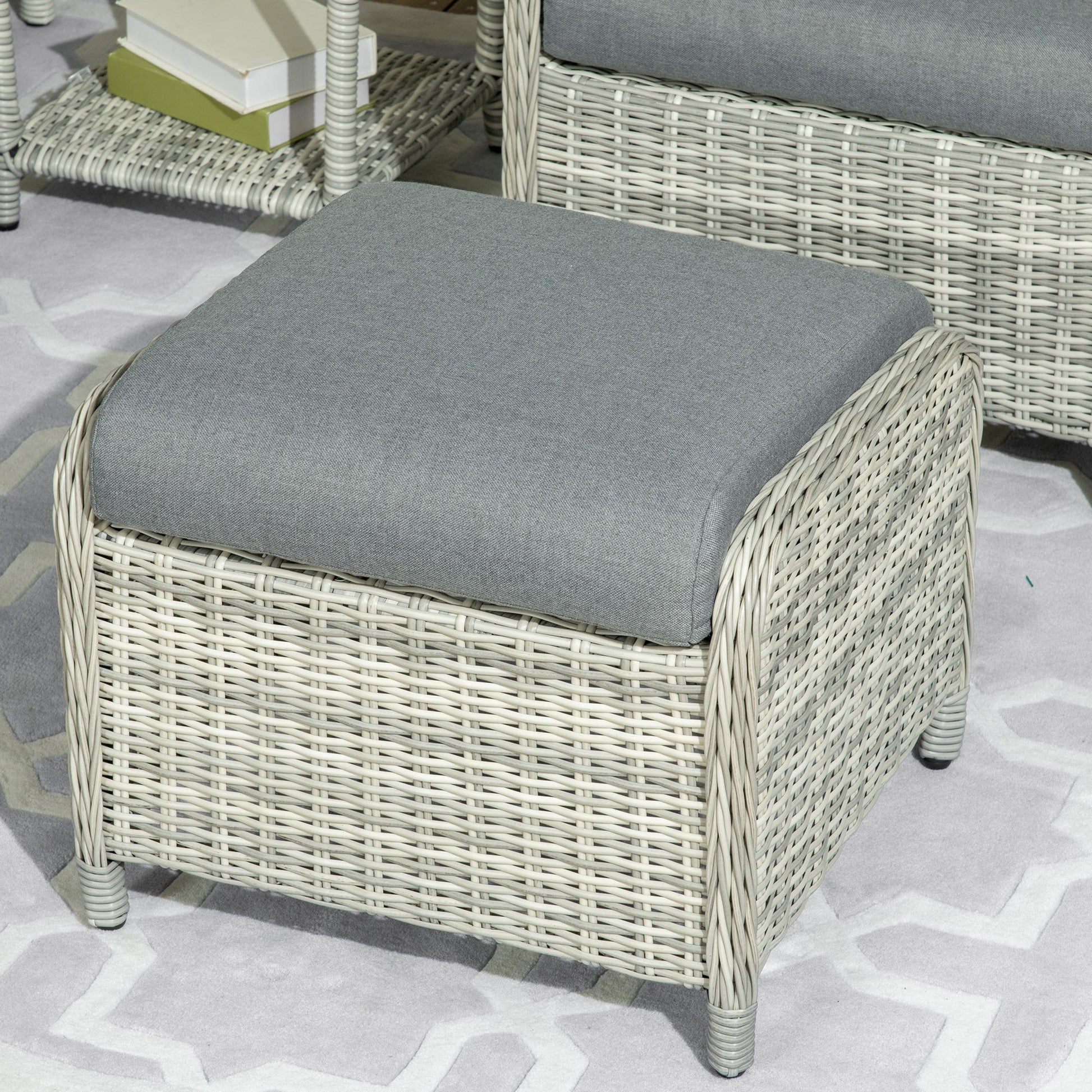 5 Pieces Rattan Bistro Set with Adjustable Back, Reclining Wicker Balcony Furniture with Cushions, Glass Top Coffee Table and Footstools, Outdoor Table and Chairs, Grey