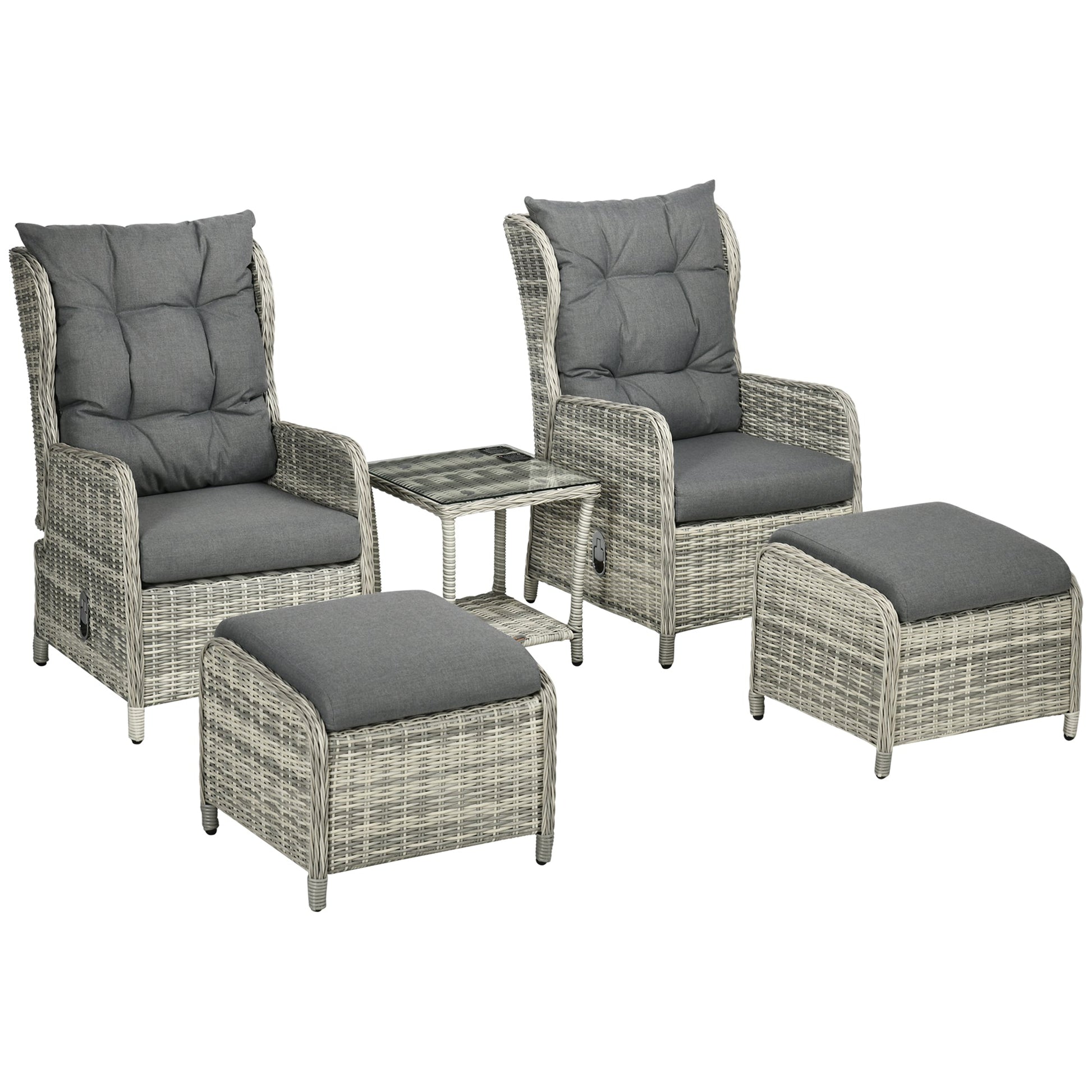 5 Pieces Rattan Bistro Set with Adjustable Back, Reclining Wicker Balcony Furniture with Cushions, Glass Top Coffee Table and Footstools, Outdoor Table and Chairs, Grey