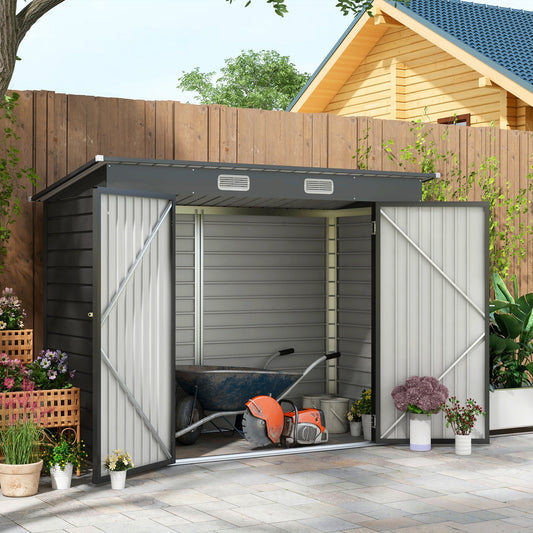 8 x 4FT Garden Shed. Galvanised Metal Shed, Outdoor Tool Storage Shed with Pent Roof, Lockable Door and 2 Vents, Grey