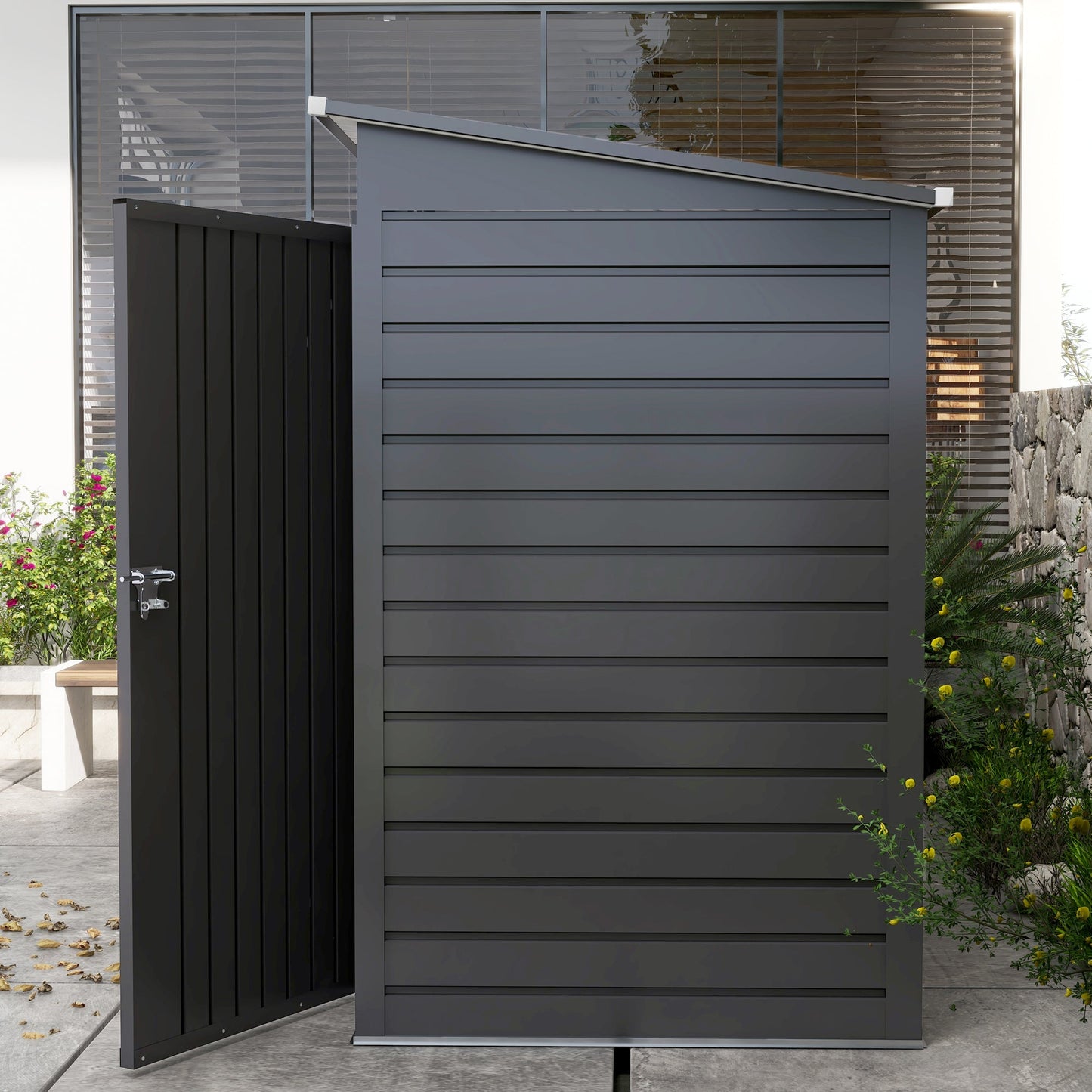 8 x 4FT Garden Shed. Galvanised Metal Shed, Outdoor Tool Storage Shed with Pent Roof, Lockable Door and 2 Vents, Grey
