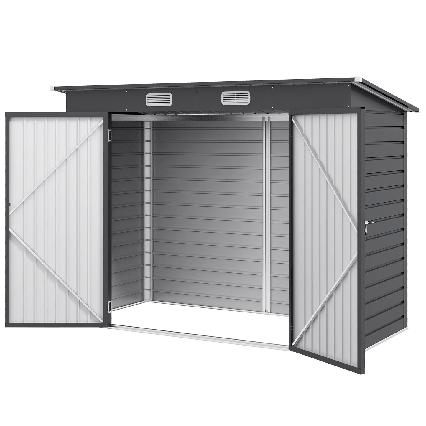 8 x 4FT Garden Shed. Galvanised Metal Shed, Outdoor Tool Storage Shed with Pent Roof, Lockable Door and 2 Vents, Grey