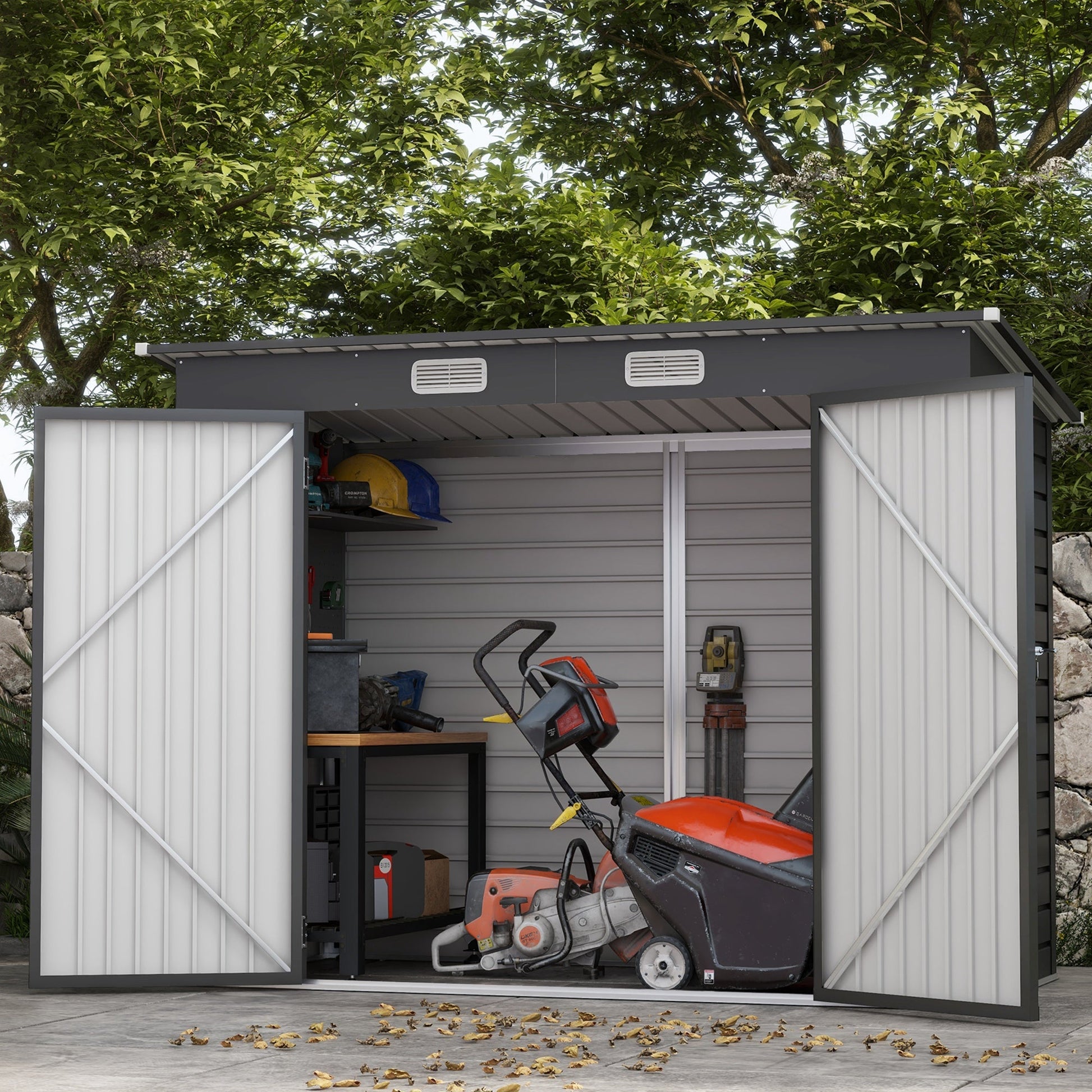 8 x 4FT Garden Shed. Galvanised Metal Shed, Outdoor Tool Storage Shed with Pent Roof, Lockable Door and 2 Vents, Grey