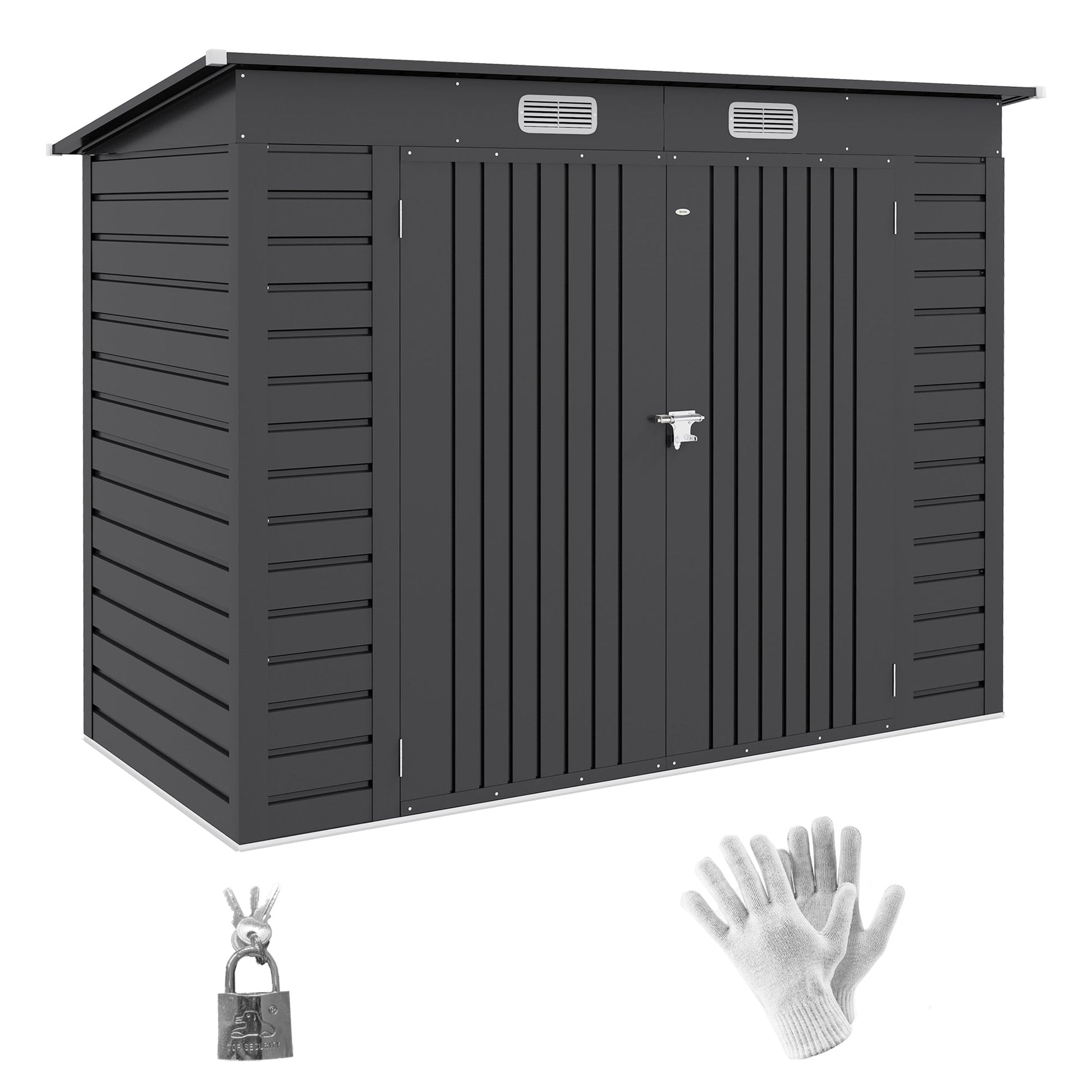 8 x 4FT Garden Shed. Galvanised Metal Shed, Outdoor Tool Storage Shed with Pent Roof, Lockable Door and 2 Vents, Grey