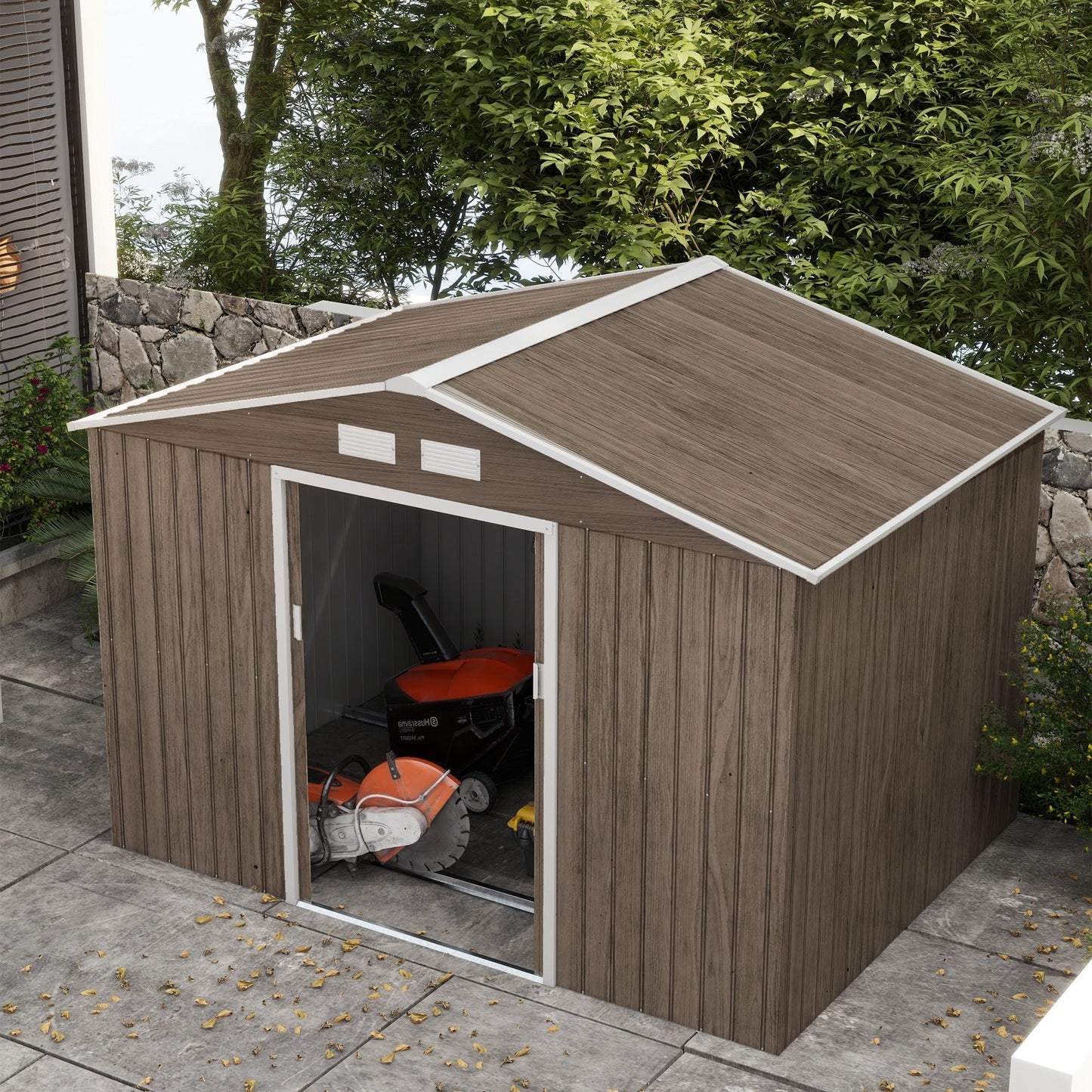 9 x 6ft Metal Garden Shed, Outdoor Storage Tool House with Ventilation Slots, Foundation Kit and Lockable Double Doors, Light Brown