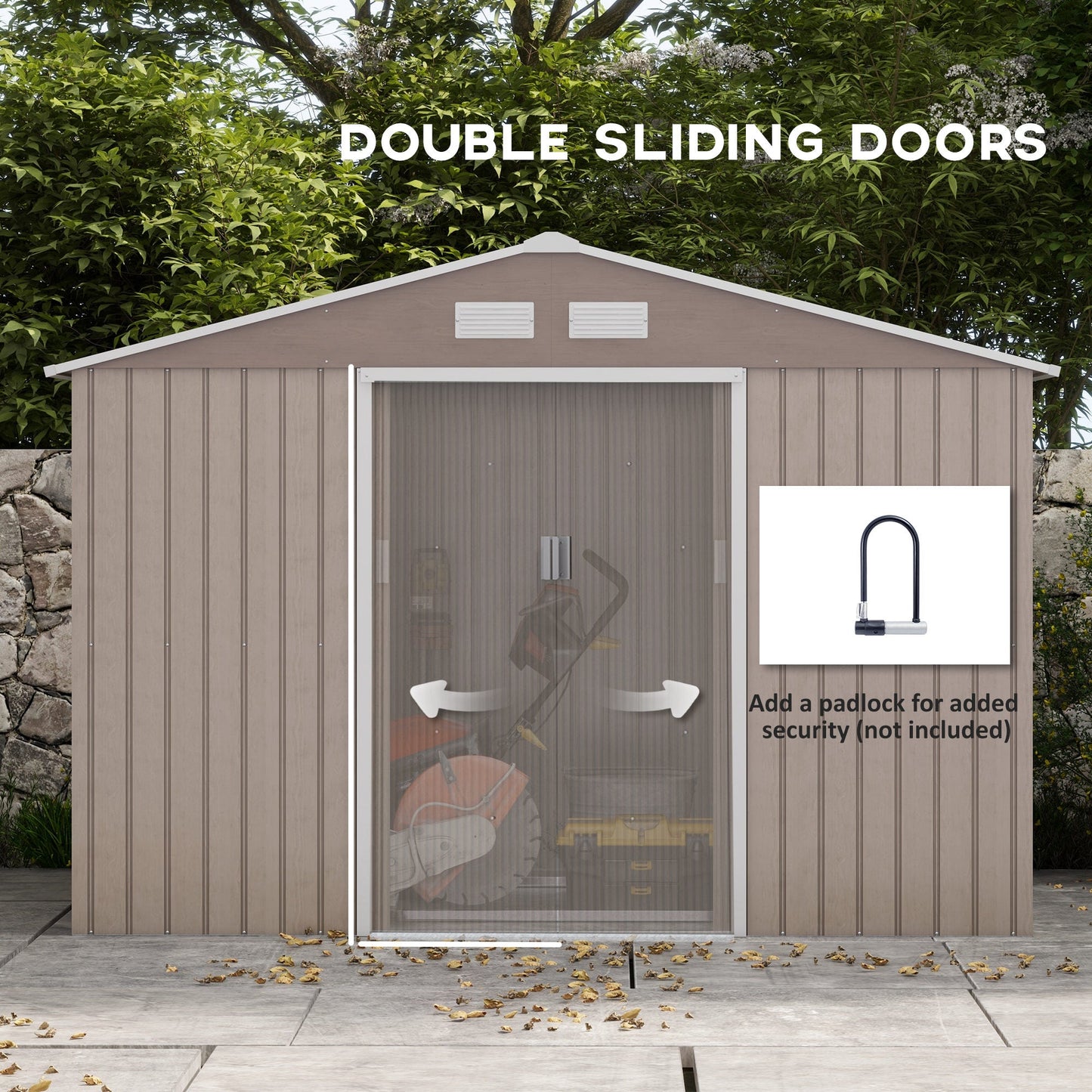 9 x 6ft Metal Garden Shed, Outdoor Storage Tool House with Ventilation Slots, Foundation Kit and Lockable Double Doors, Light Brown