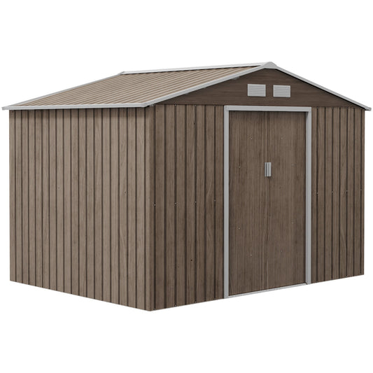9 x 6ft Metal Garden Shed, Outdoor Storage Tool House with Ventilation Slots, Foundation Kit and Lockable Double Doors, Light Brown