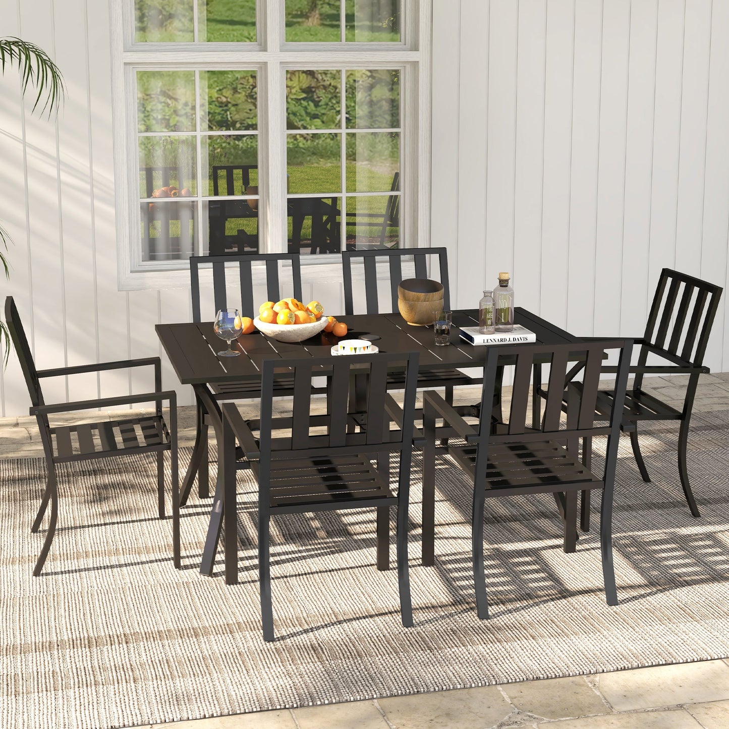7 Pieces Patio Dining Set, 6 Seater Outdoor Table and Stackable Chairs with Umbrella Hole, Galvanised Steel Frame, Space Saving, for Poolside, Garden, Black