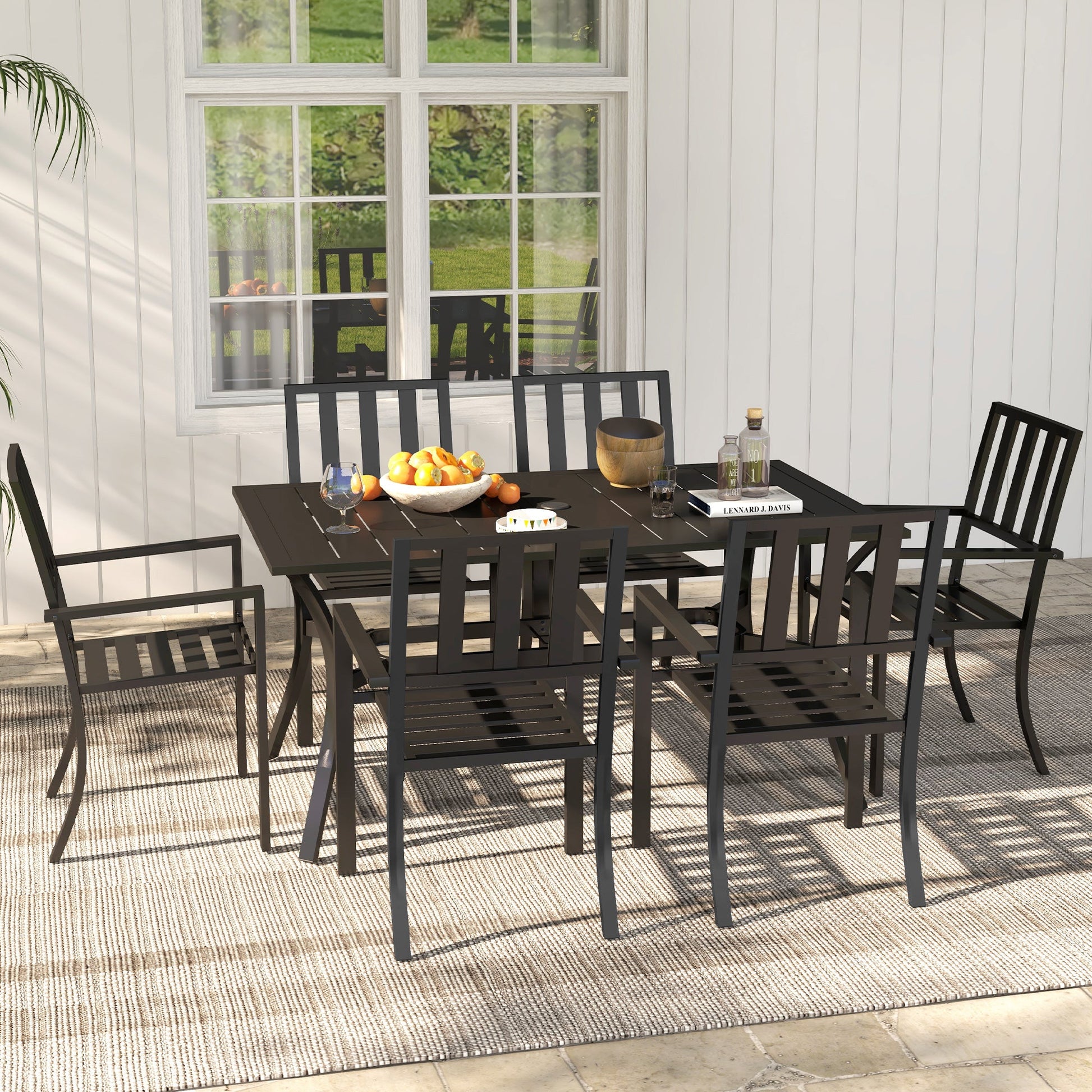7 Pieces Patio Dining Set, 6 Seater Outdoor Table and Stackable Chairs with Umbrella Hole, Galvanised Steel Frame, Space Saving, for Poolside, Garden, Black
