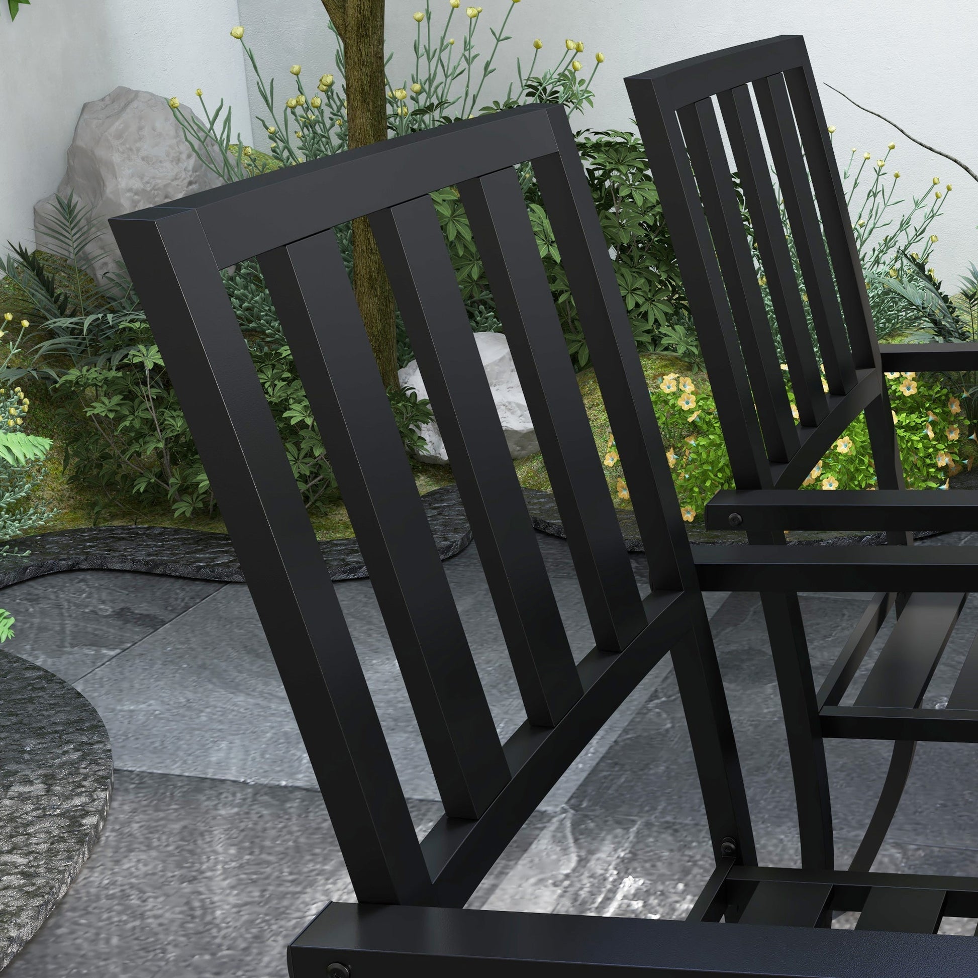 7 Pieces Patio Dining Set, 6 Seater Outdoor Table and Stackable Chairs with Umbrella Hole, Galvanised Steel Frame, Space Saving, for Poolside, Garden, Black