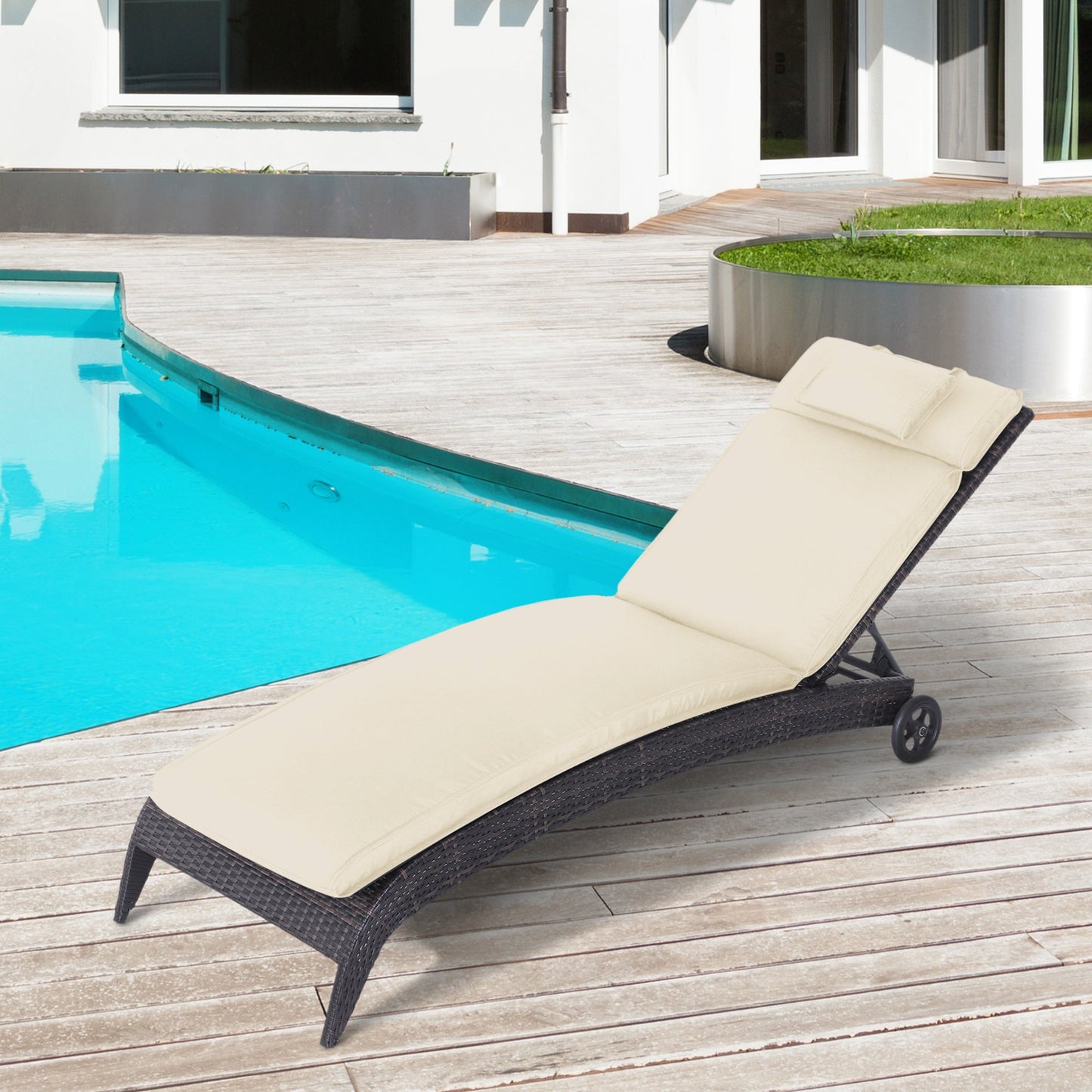 Garden Sun Lounger Cushion Replacement Thick Sunbed Reclining Chair Relaxer Pad with Pillow - Cream White