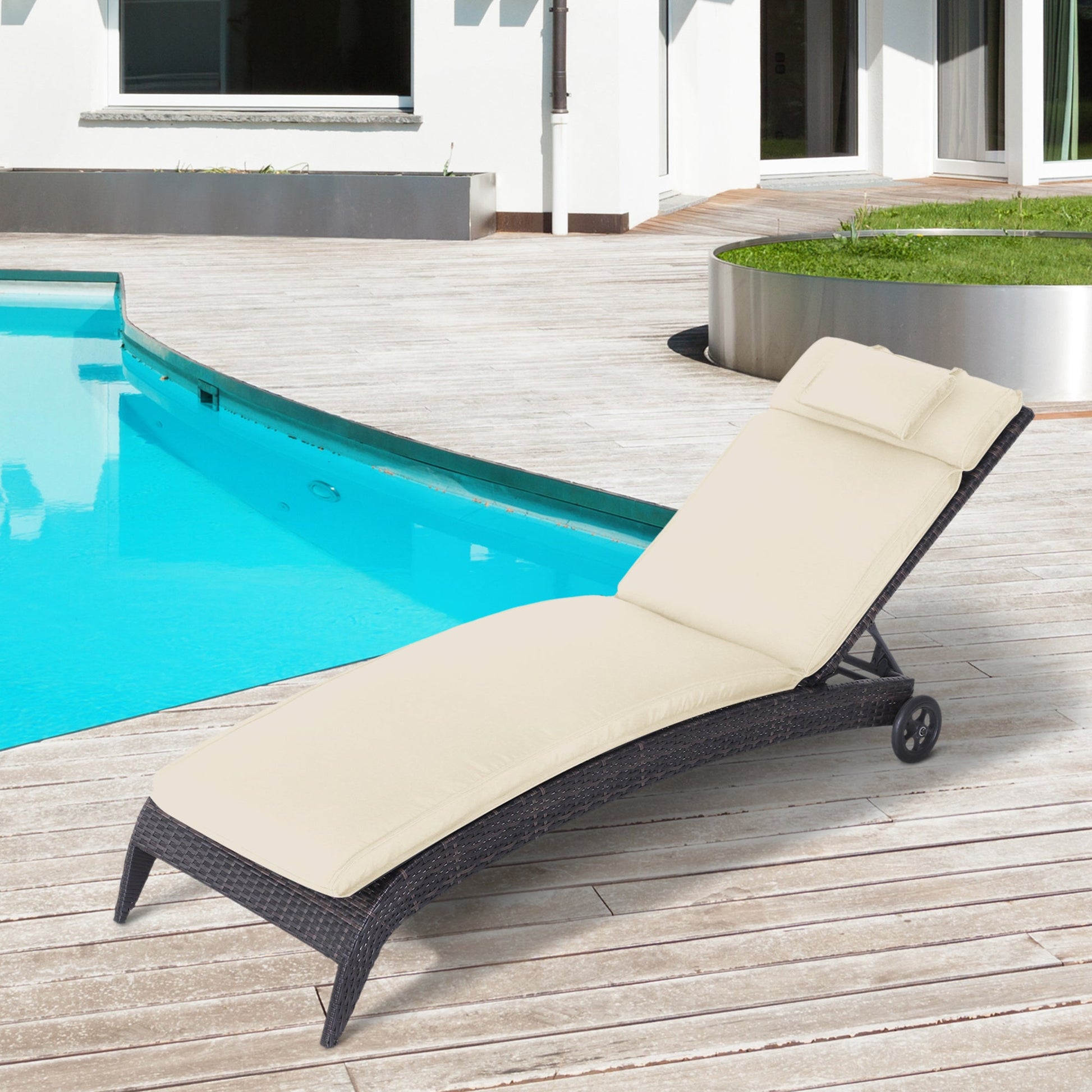 Garden Sun Lounger Cushion Replacement Thick Sunbed Reclining Chair Relaxer Pad with Pillow - Cream White