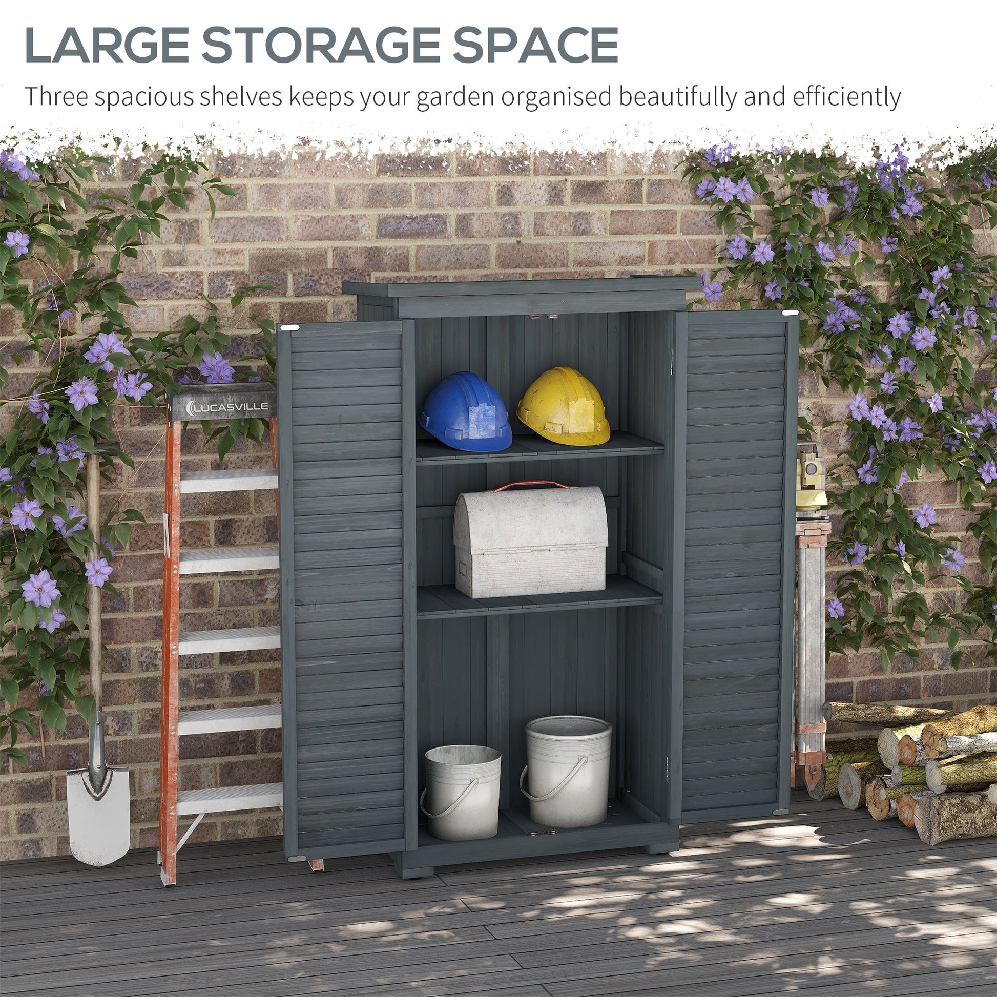 Small Shed, Wooden Garden Storage Shed, 3 Shelves Outdoor Tool Shed Cabinet with Asphalt Roof and Shutter Doors, 87cm x 47cm x 160cm, Grey