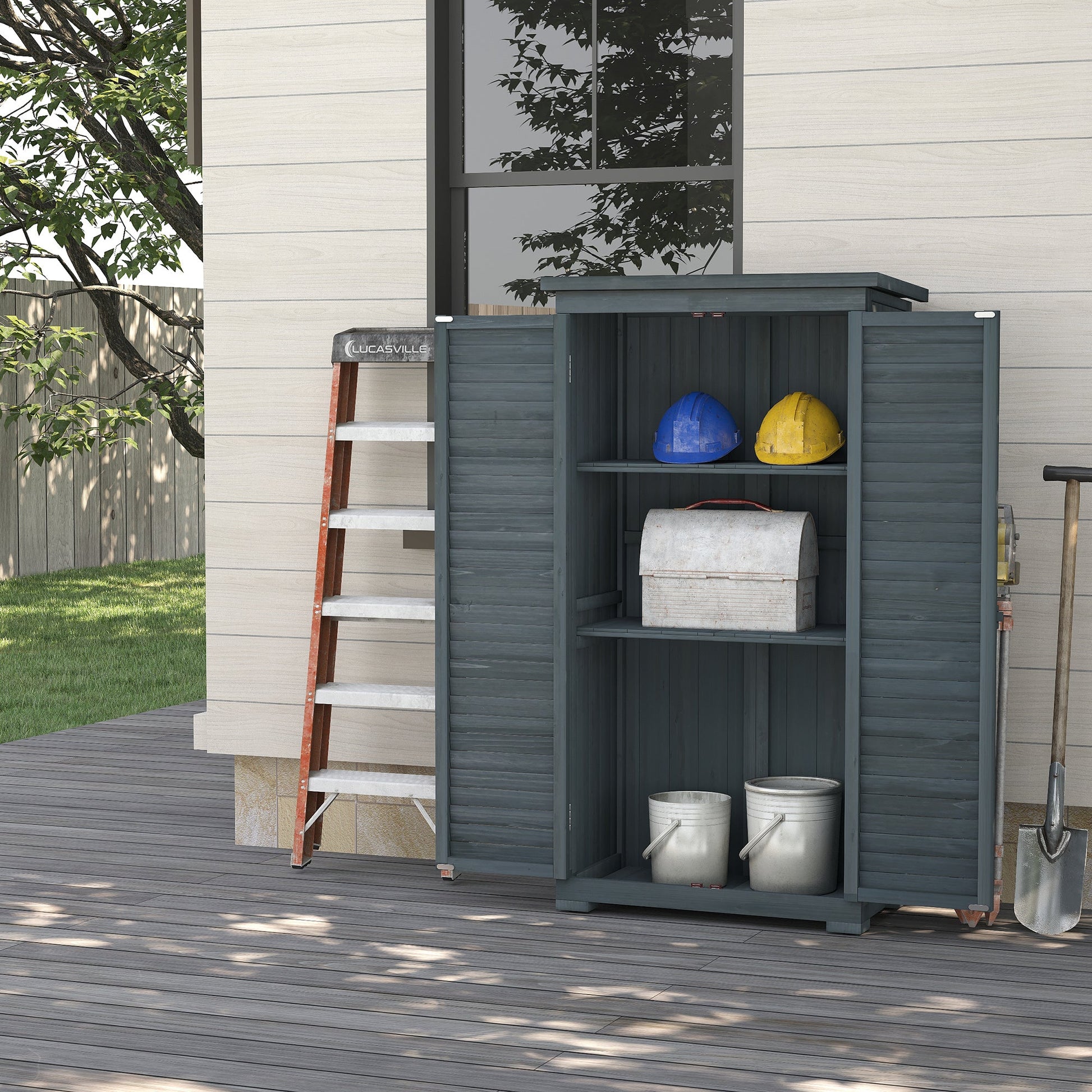 Small Shed, Wooden Garden Storage Shed, 3 Shelves Outdoor Tool Shed Cabinet with Asphalt Roof and Shutter Doors, 87cm x 47cm x 160cm, Grey