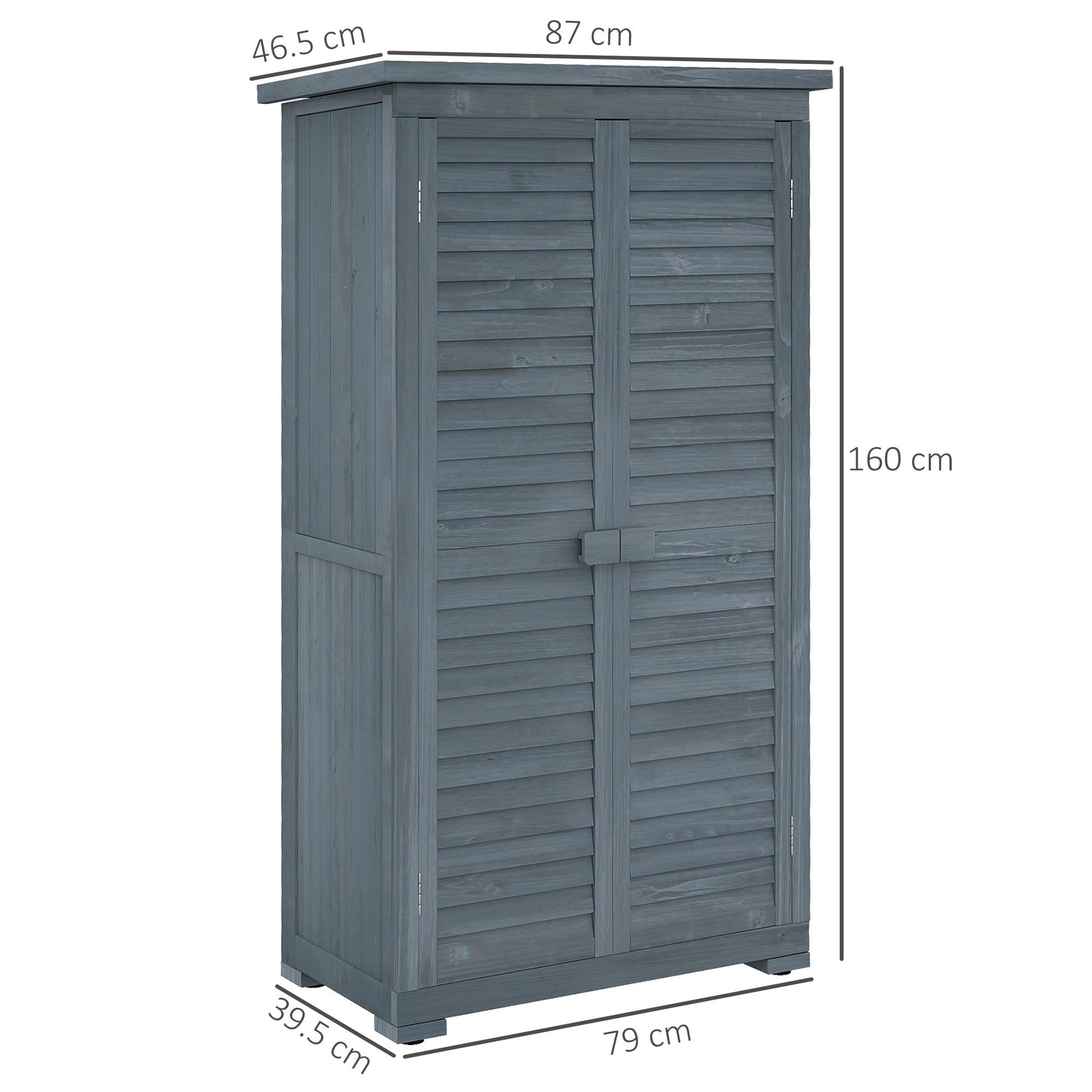 Small Shed, Wooden Garden Storage Shed, 3 Shelves Outdoor Tool Shed Cabinet with Asphalt Roof and Shutter Doors, 87cm x 47cm x 160cm, Grey