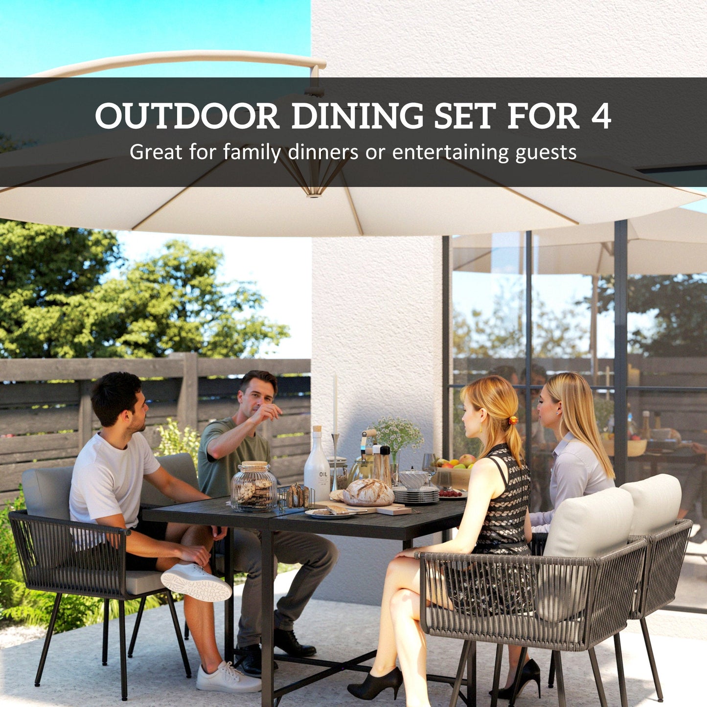 5 Piece Rattan Garden Furniture Set, Garden Dining Set with Wood-Plastic Table and 4 Stackable Chairs, Rattan Table and Chairs with 4 Cushions for Patio, Terrace, Light Grey