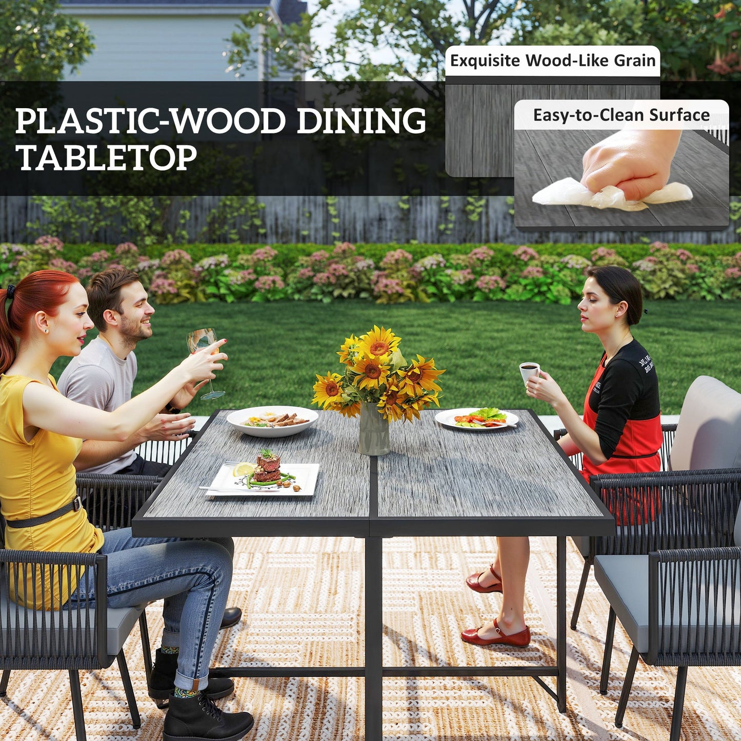5 Piece Rattan Garden Furniture Set, Garden Dining Set with Wood-Plastic Table and 4 Stackable Chairs, Rattan Table and Chairs with 4 Cushions for Patio, Terrace, Light Grey