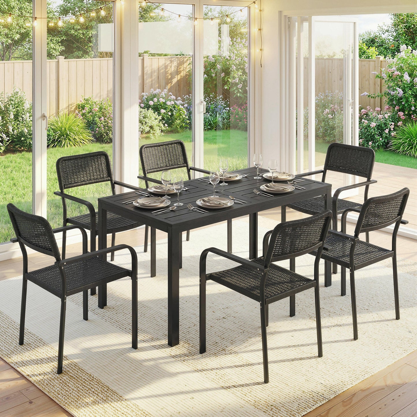7 Pieces Garden Dining Set, Garden Table and Chairs Set 6 with Faux Rattan Stackable Chairs, Wood Effect Metal Top Table, Umbrella Hole, Outdoor Furniture for Patio Porch Terrace, Black